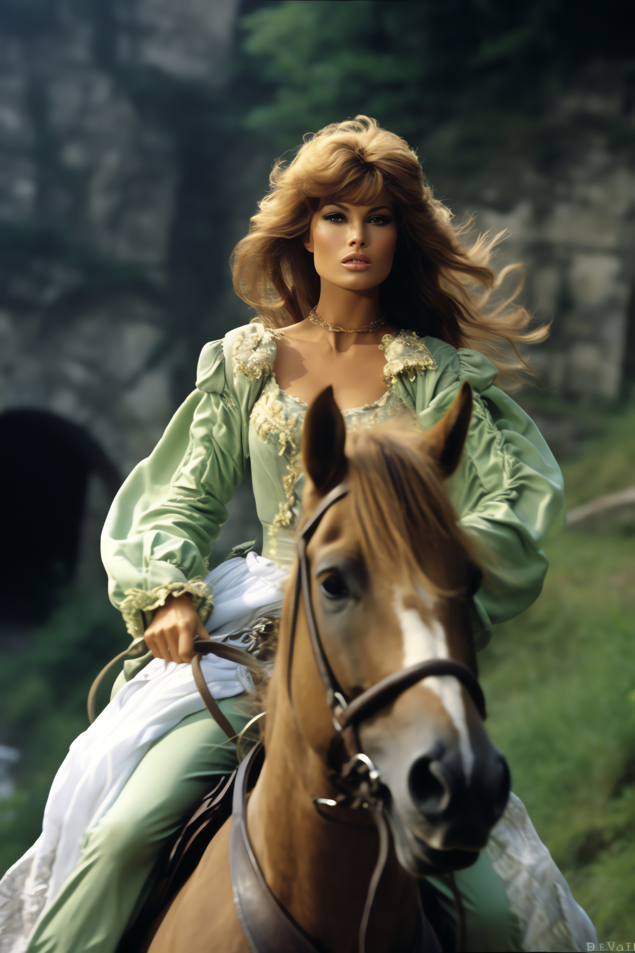 Raquel Welch actress, historical film scene, equestrian prowess, cinematic action, period costume drama, HD Phone Image