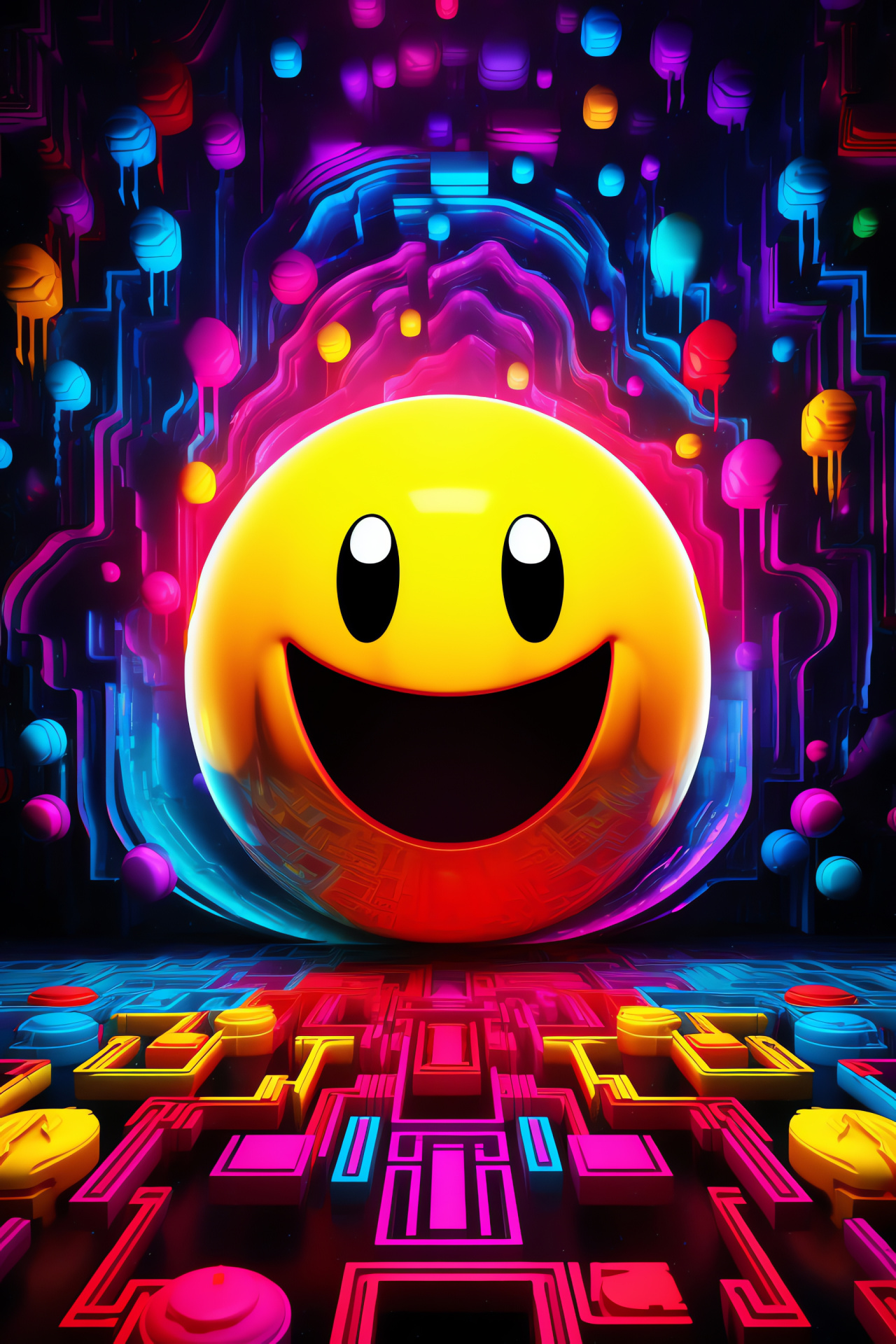 Pacman in action, Yellow arcade legend, Blue-eyed character, Luminous pellet effect, Interactive nostalgia, HD Phone Wallpaper