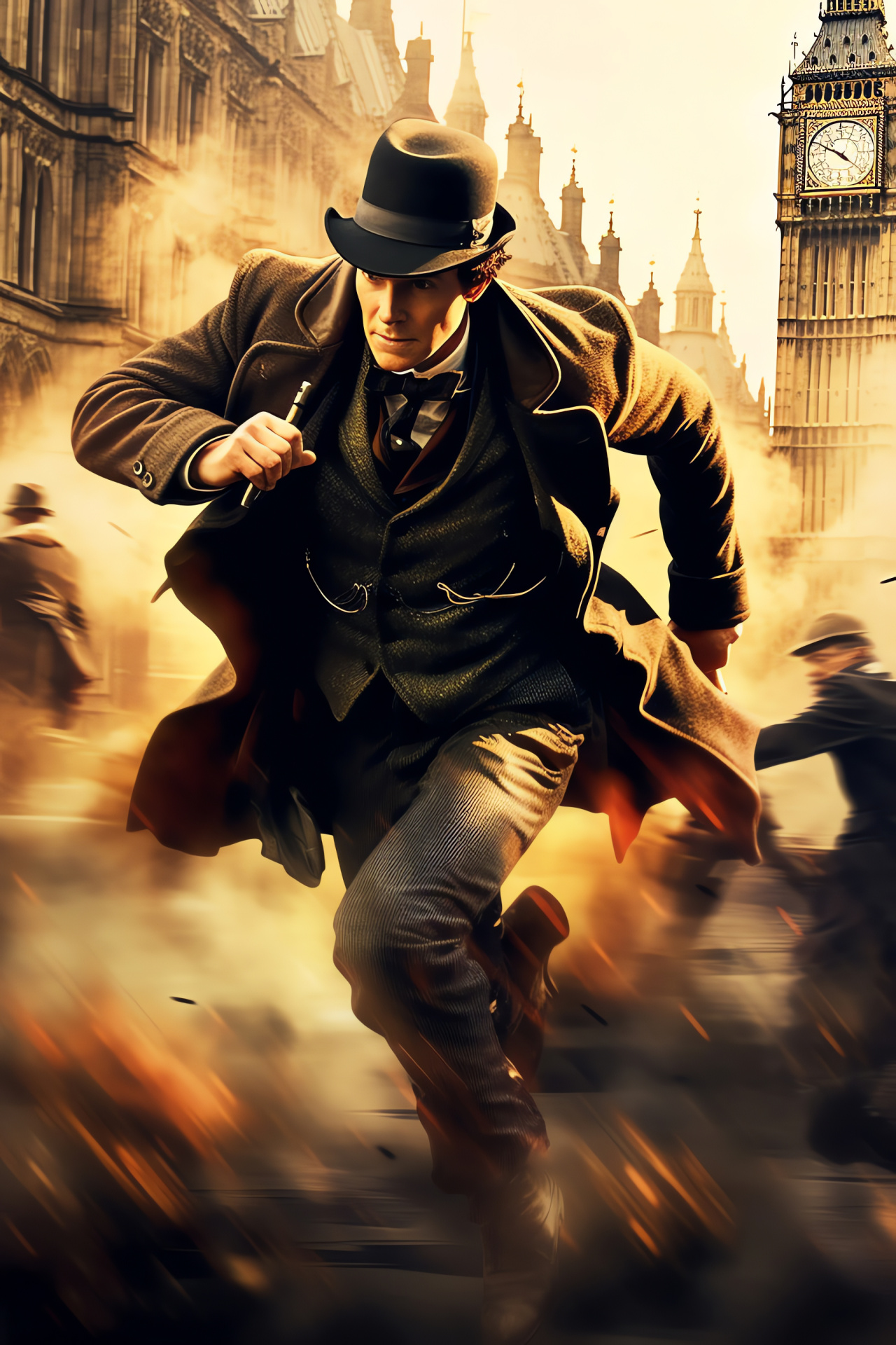 Elder Sherlock Holmes, London pursuit, Cinematic interpretation, Period attire, Eminent detective, HD Phone Image