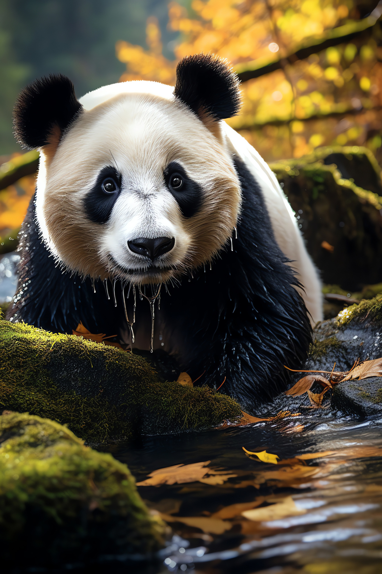 Mature panda species, Mahogany optic, Monochrome fur texture, Alpine valley scenery, Iconic markings, HD Phone Wallpaper
