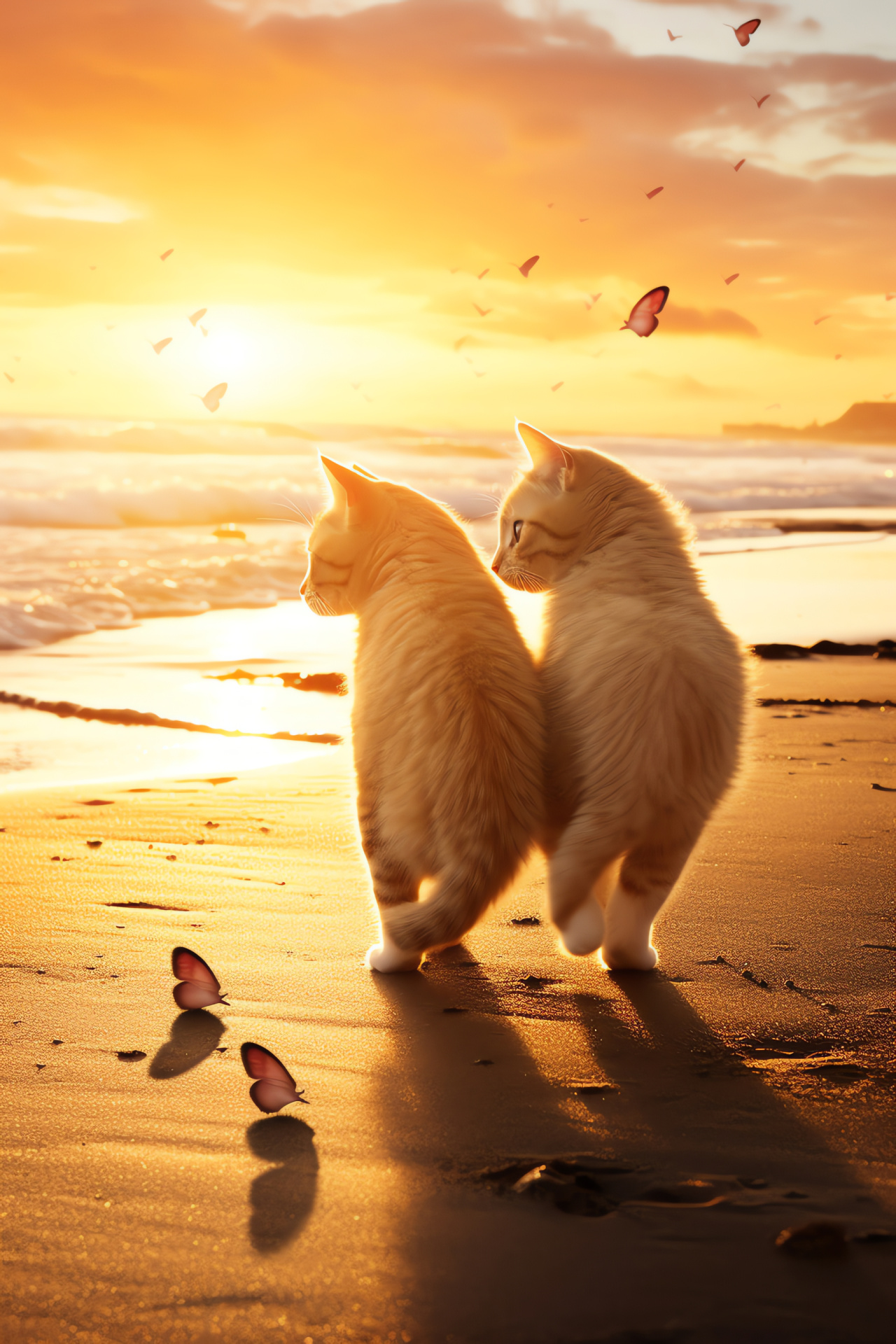 Seaside companionship for cats, Valentine coastline tranquility, golden hour sunlit romance, sandy holiday companions, affectionate feline sunset, HD Phone Wallpaper