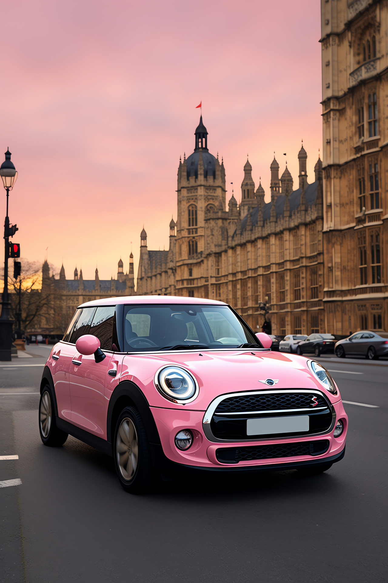 Pink Mini Cooper S, Iconic British car, London city scene, Famous landmarks, Urban driving, HD Phone Wallpaper