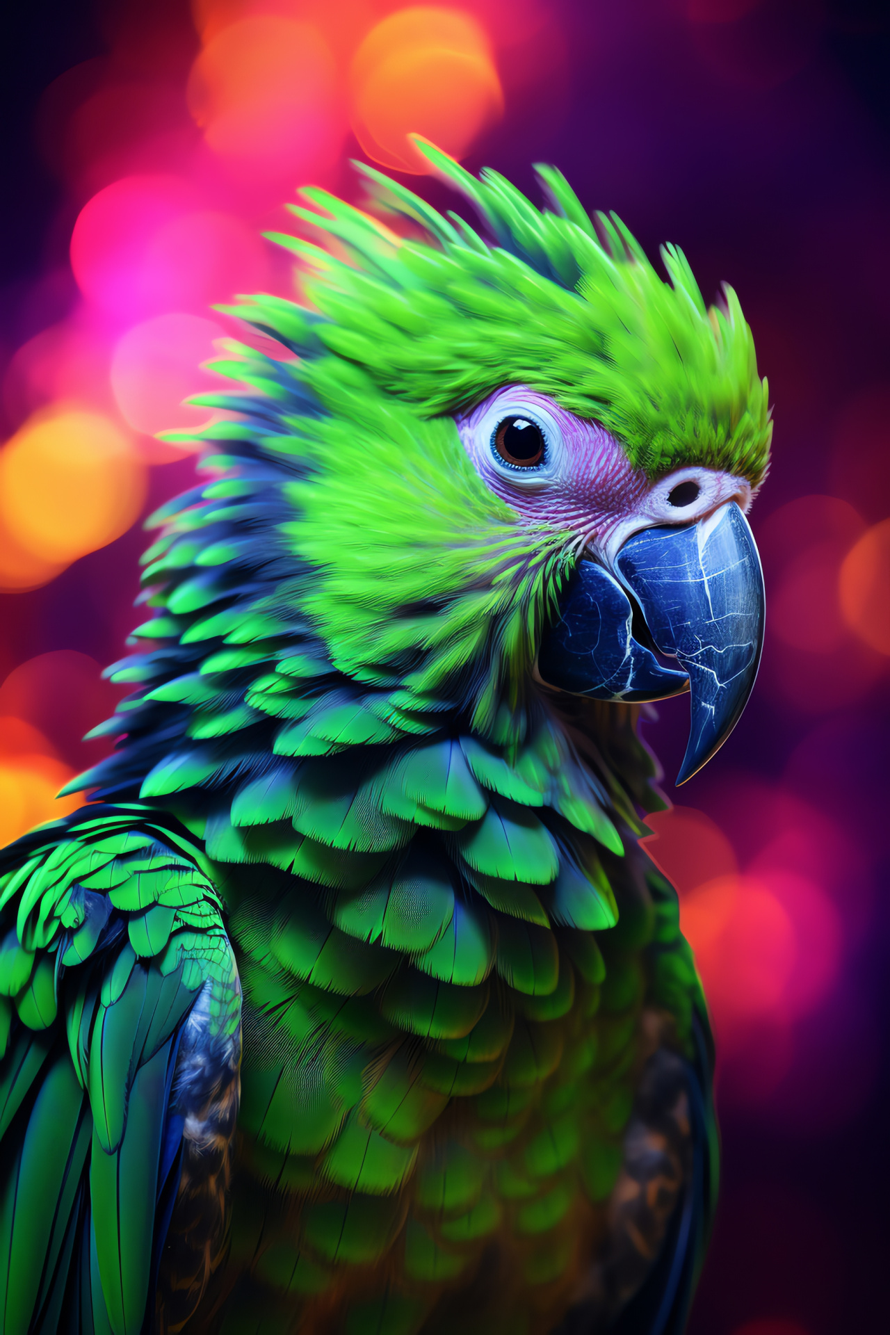 Pose parrot, vibrant birds, multicolored feathers, neon backdrops, avian glamour, HD Phone Image