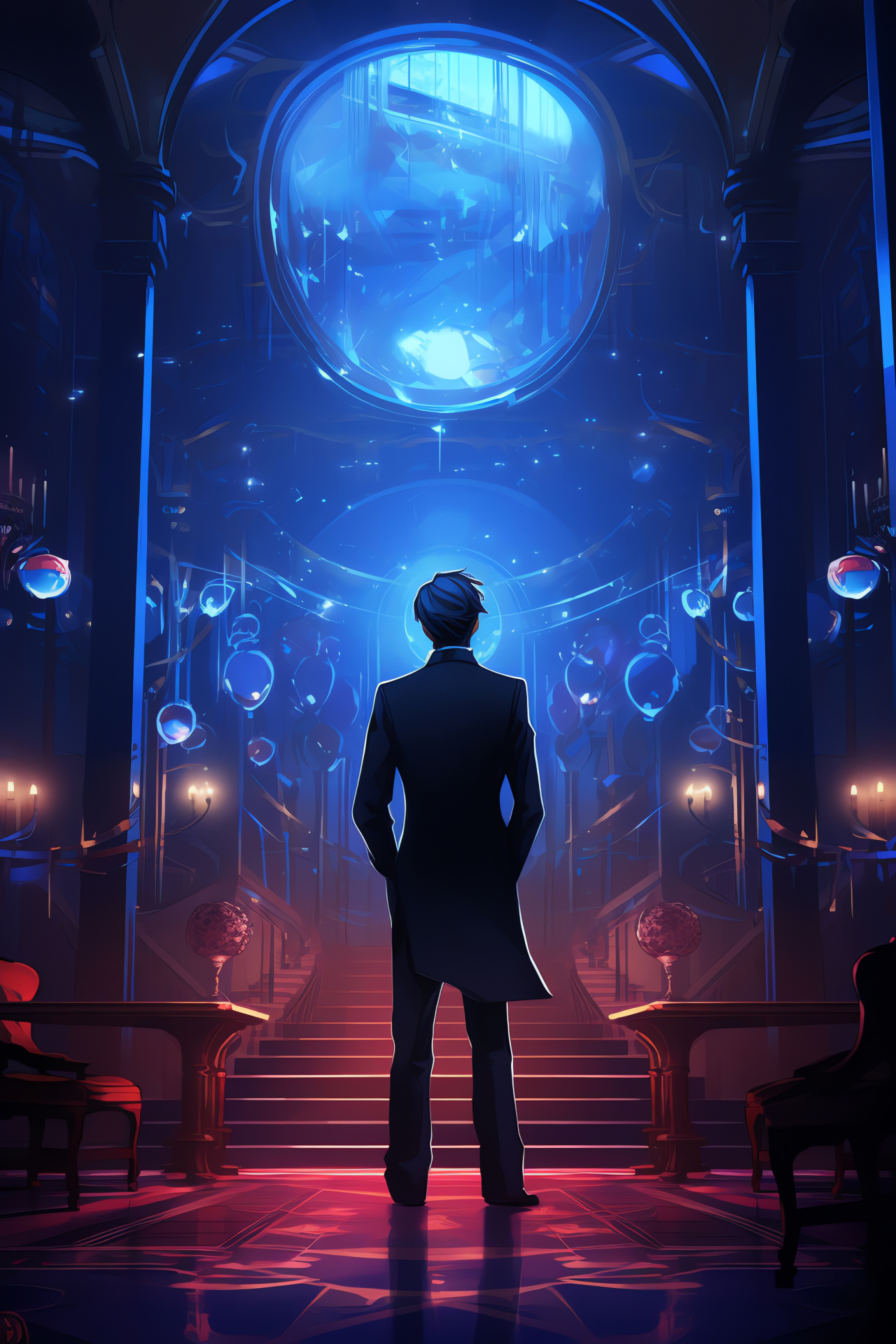 Persona universe, St. Hermelin setting, Enigmatic Velvet Room, Mysterious host Igor, Mystic cerulean ambiance, HD Phone Image