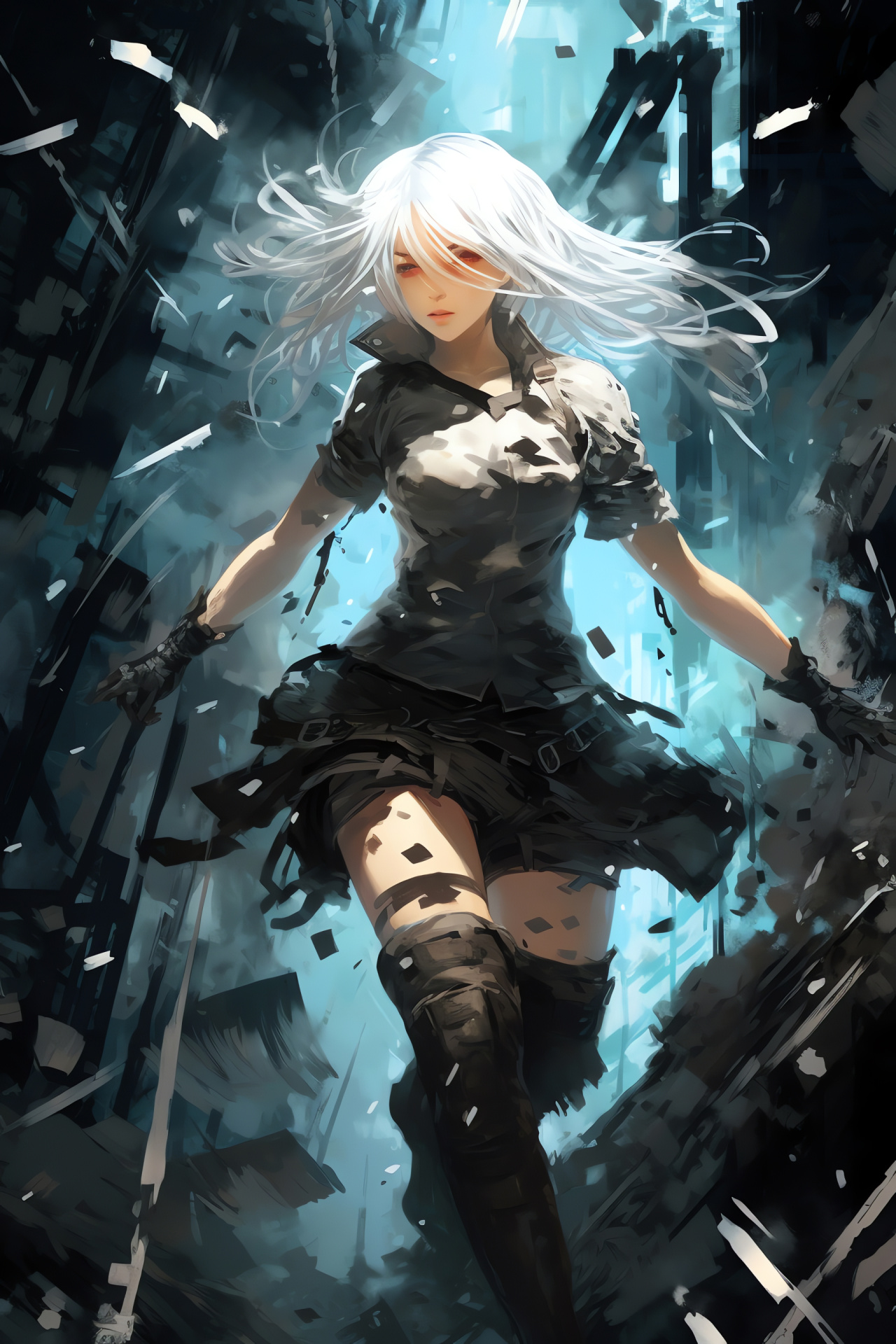 Kaine dual-wielding, Nier Replicant battle, Defiant white locks, Skirmish visuals, Gripping action portrayal, HD Phone Image
