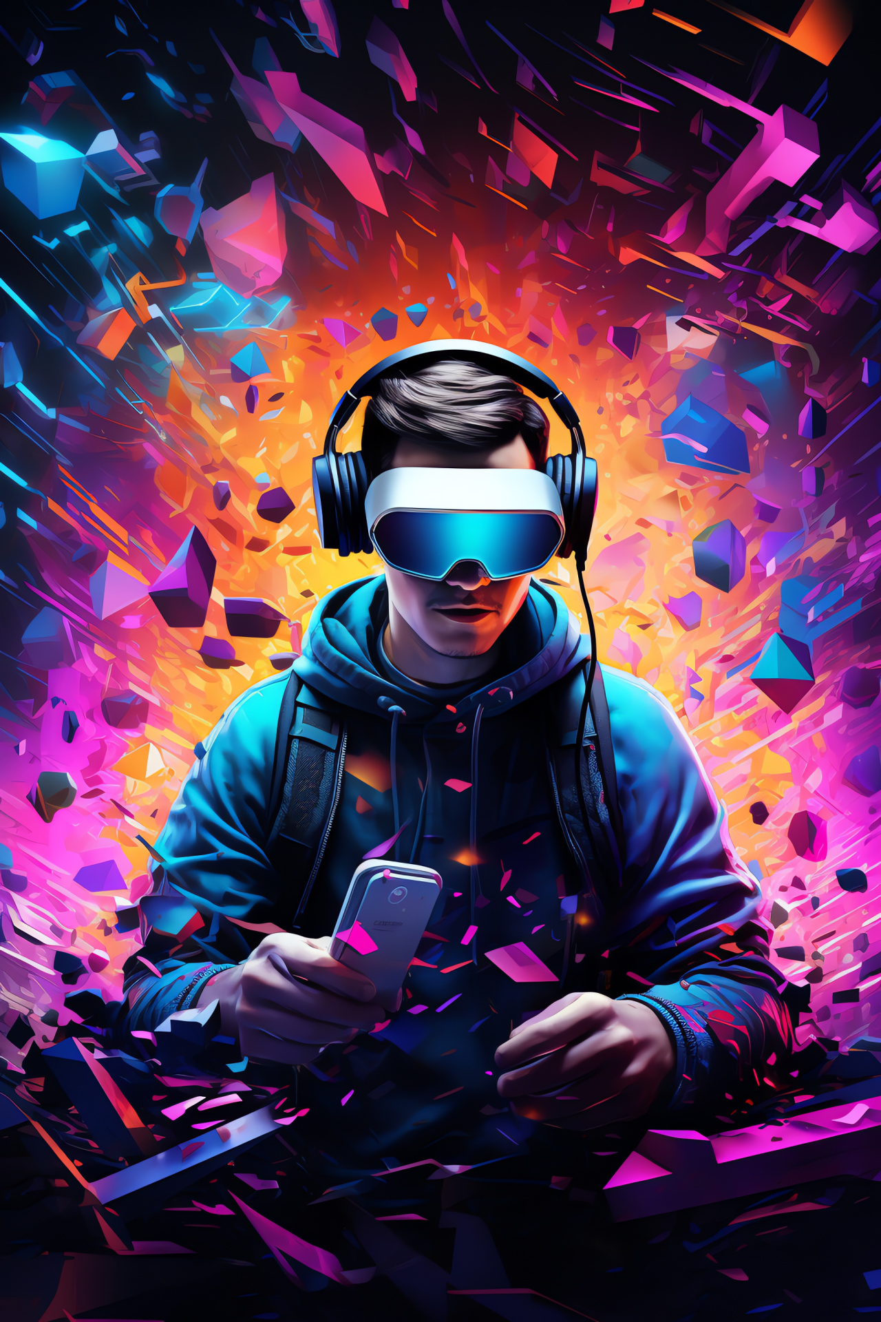 PC Gamer portrayal, Avant-garde geometric backdrop, Captivating Nova character, Electric azure eyes, Notable gamer stature, HD Phone Wallpaper