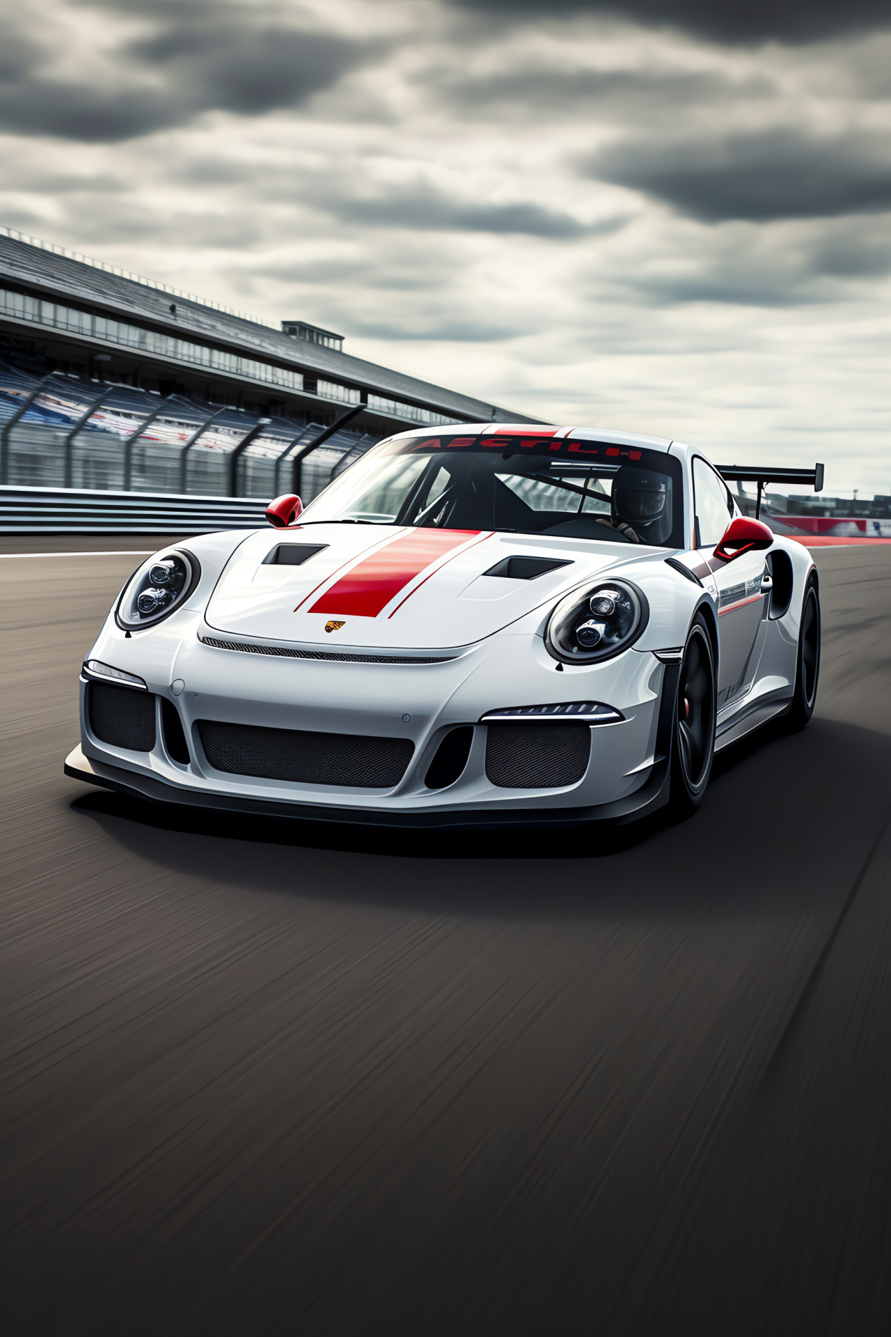 Silverstone circuit, Porsche GT3 R series, Racing circuit close-up, Competitive cornering, Speed chase, HD Phone Image