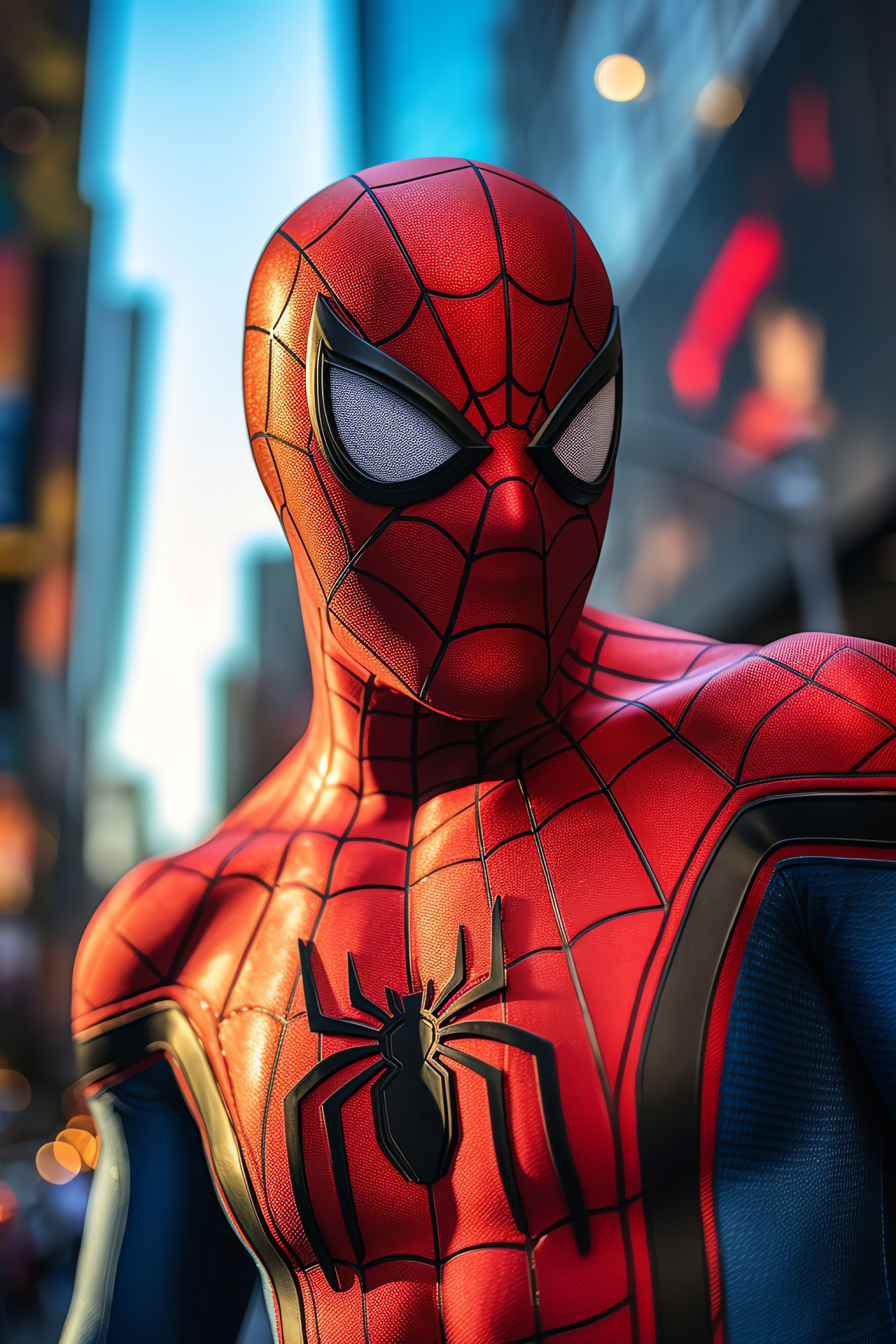 Spiderman agility, Marvel cinematic spectacle, Web-slinging hero, Skyscraper setting, Iconic costume, HD Phone Image