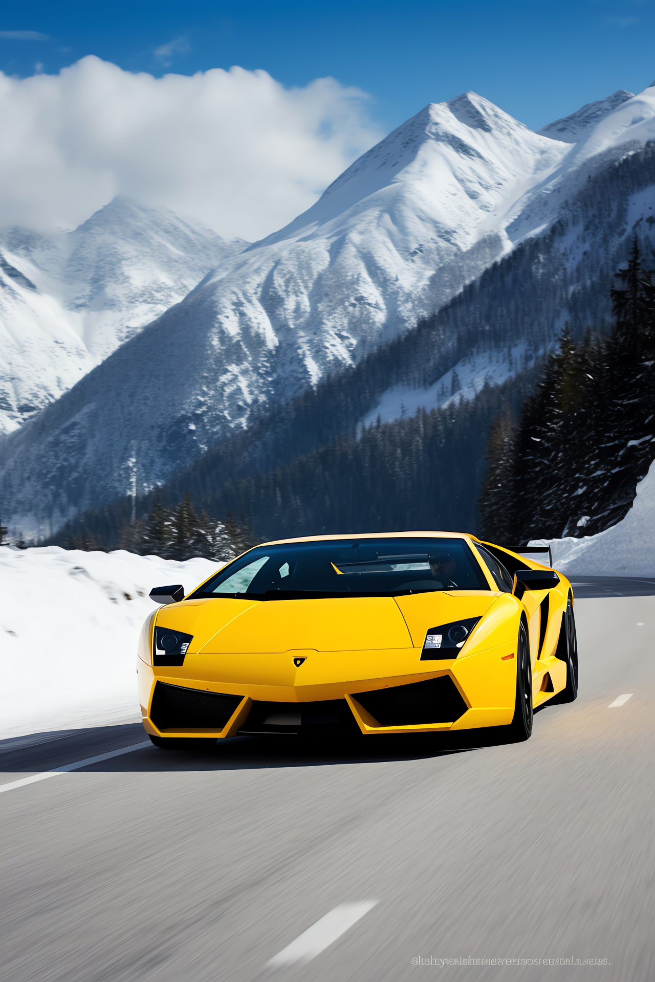 Lamborghini in Swiss Alps, Yellow Murcielago SV, Mountain driving adventure, High-altitude vehicle photography, Snow landscape contrast, HD Phone Wallpaper