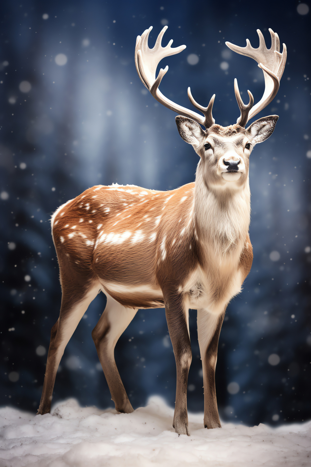 Arctic animal Reindeer, Brown-white fur contrast, Large mammal, Dark ocular feature, Swirling glow, HD Phone Wallpaper