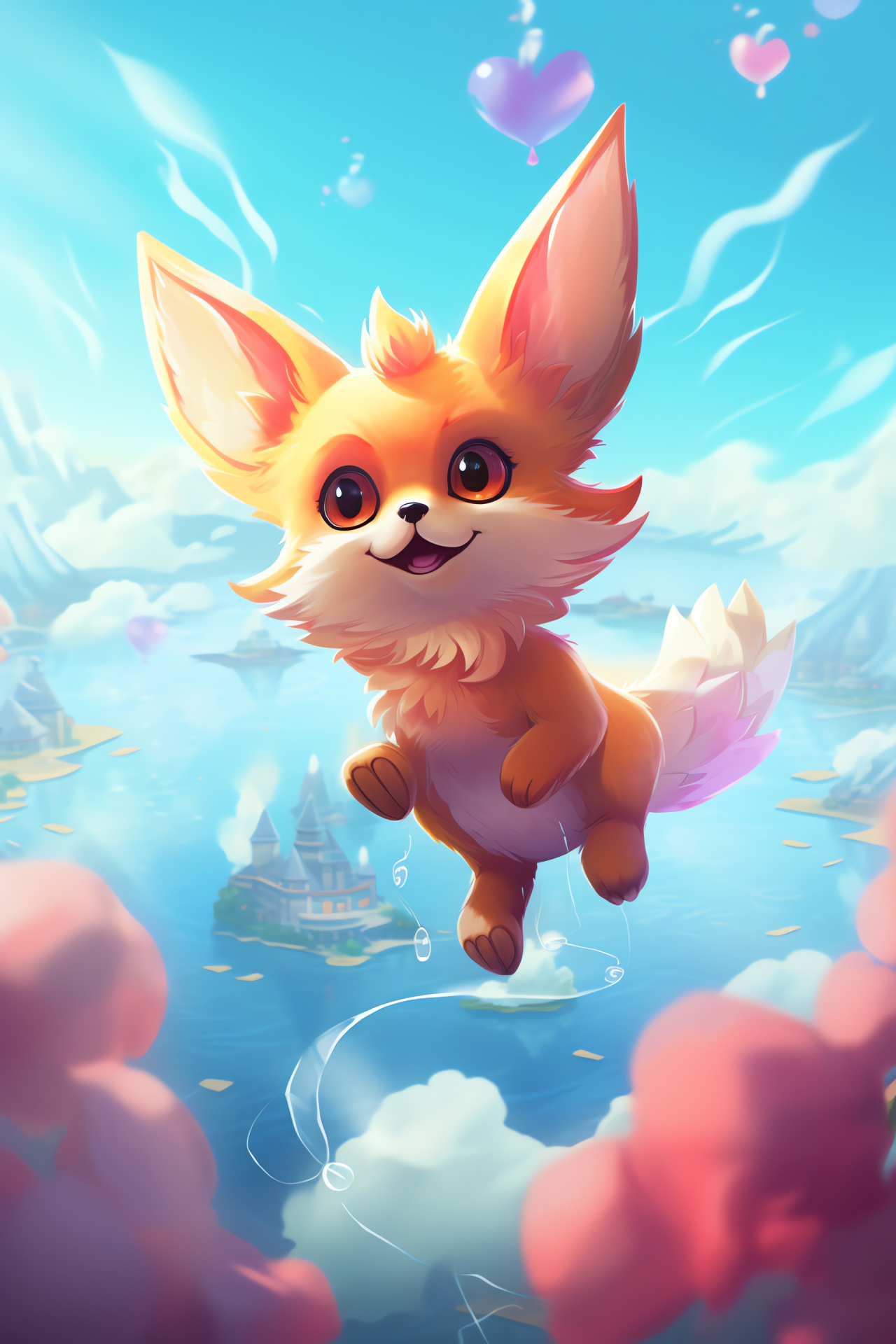 Pokemon universe, Fennekin depiction, mystic domains, levitating landmasses, vivid hues, HD Phone Image