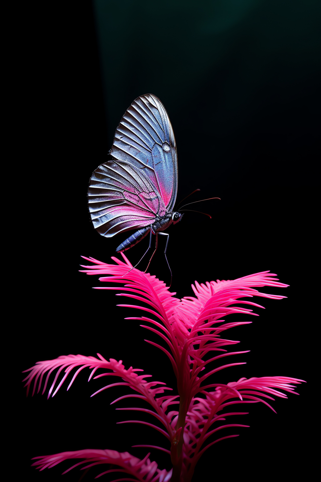 Insect Pink Butterfly, delicate winged creature, soft glow, elegant lepidoptera, profound black backdrop, HD Phone Image