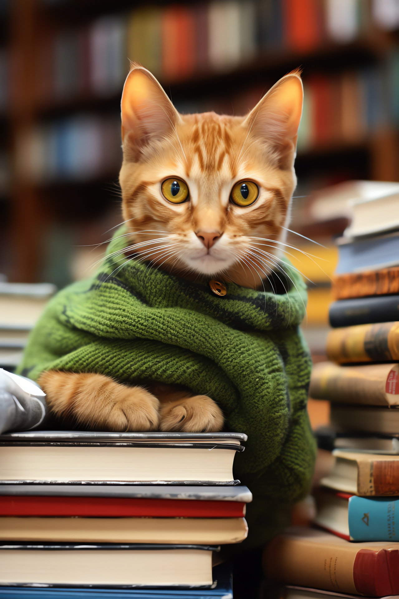 Tabby cat serenity, Feline literature, Bookstore ambiance, Literary companionship, Orange tabby demeanor, HD Phone Wallpaper
