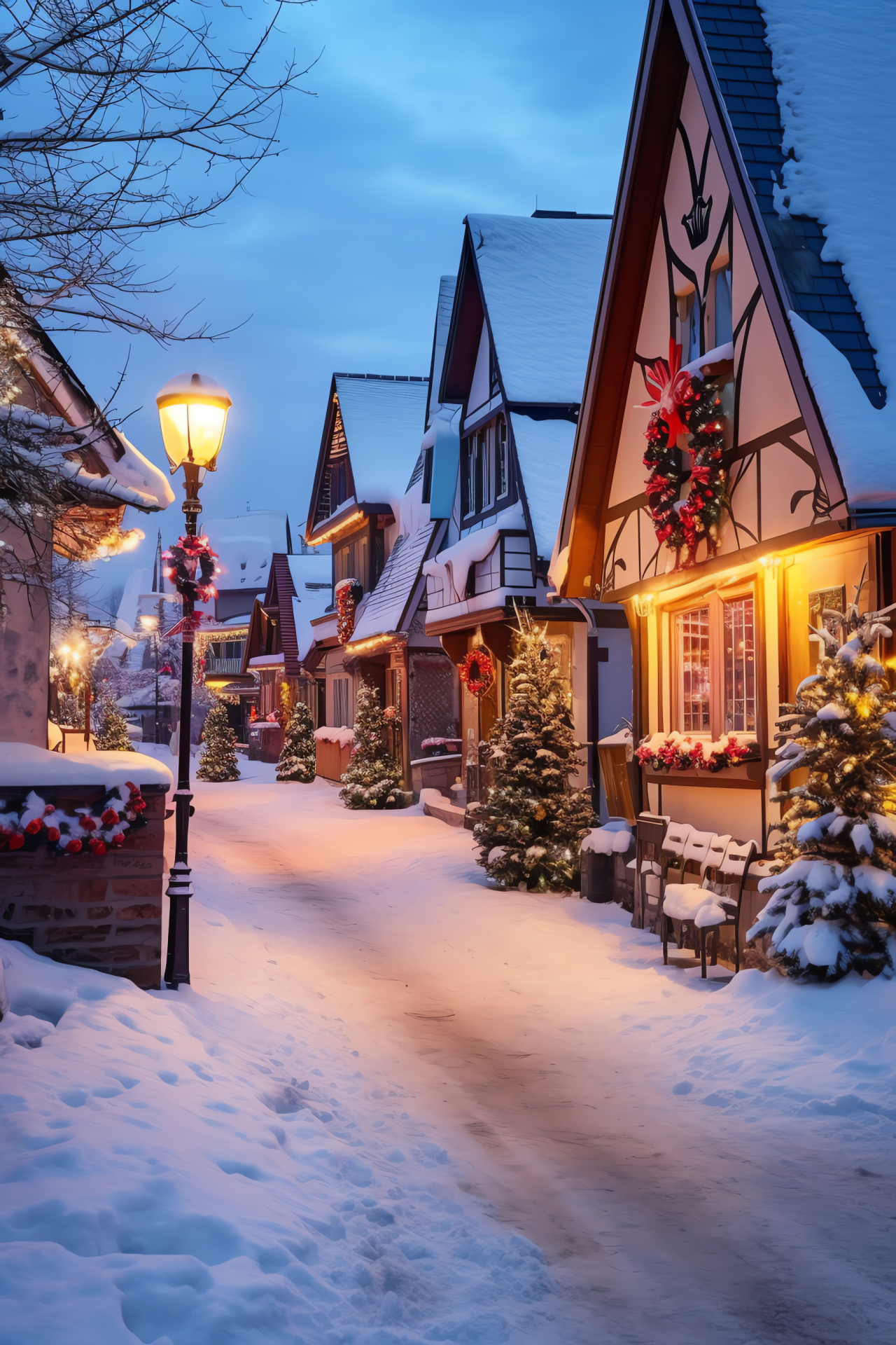 Yuletide village scene, snow-laden settlement charm, quaint alpine town, picturesque winter vista, holiday hamlet, HD Phone Wallpaper
