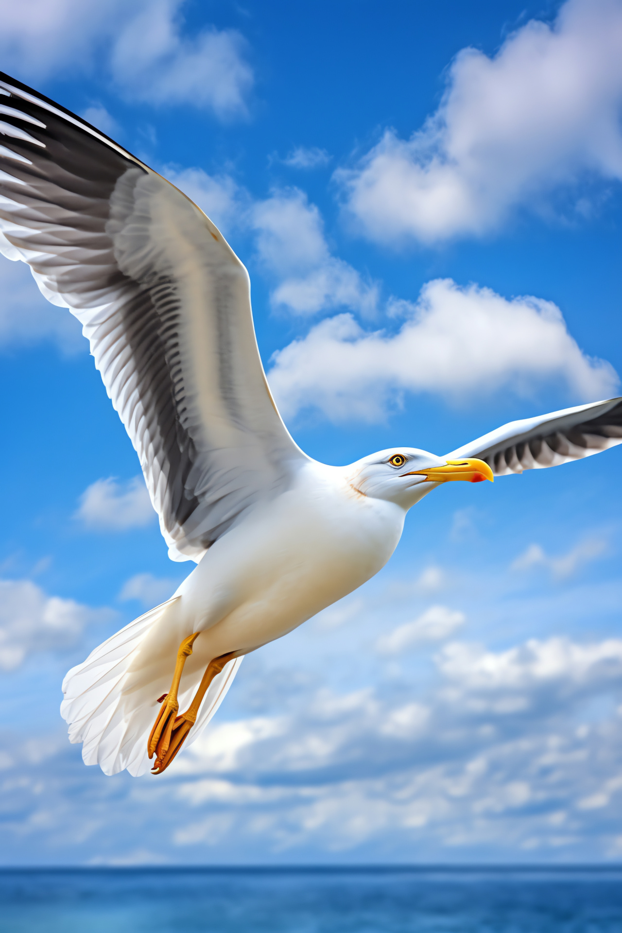 Seagull in flight, Sunlit feathers, Dynamic backdrop, Majestic bird, Glistening wings, HD Phone Wallpaper