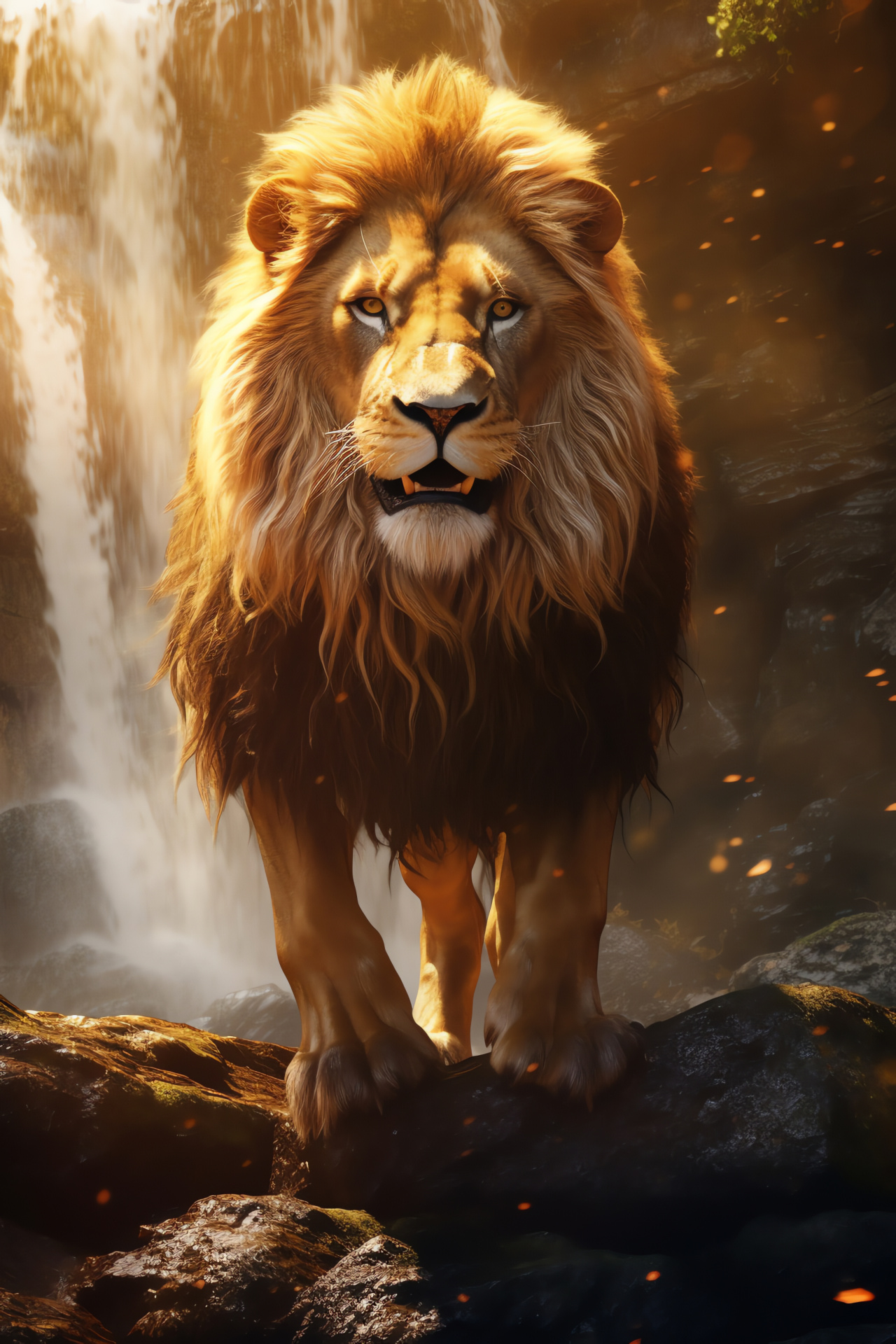 Heroic Aslan mid-roar, Cascading waters, Opulent lion hair, Fantasy literature film, Enchanting nature, HD Phone Image