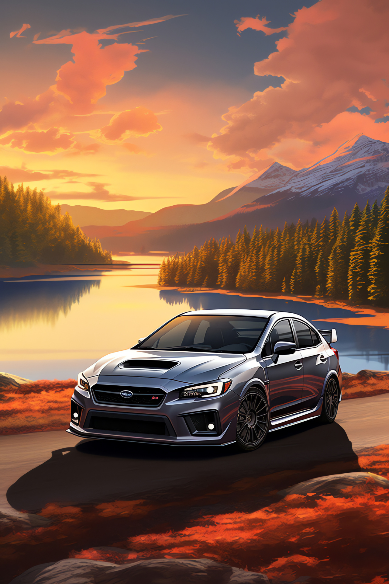 Subaru Impreza WRX STI, lakeside route, aerial vantage, curving roadways, metallic gray coat, HD Phone Wallpaper