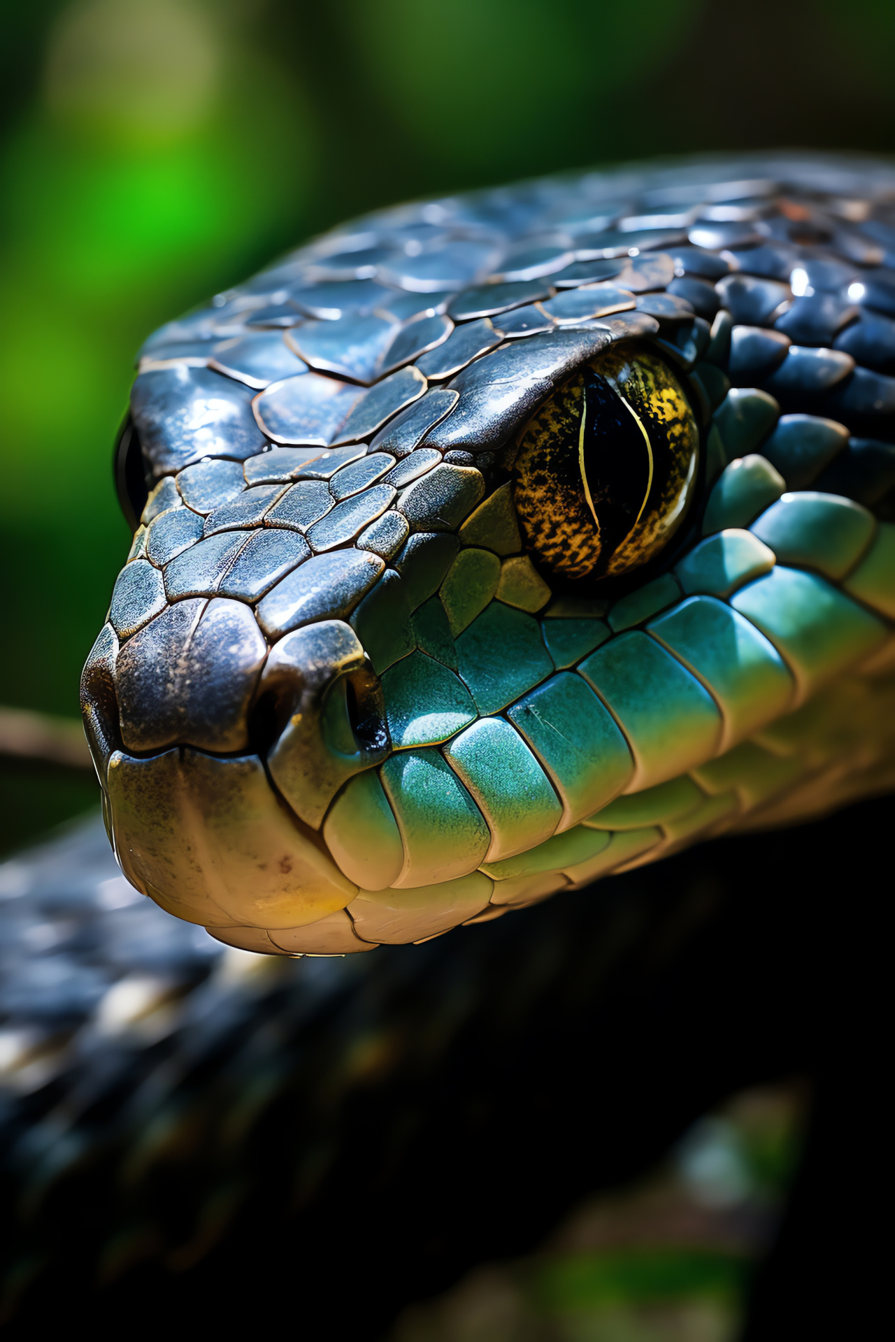 King Cobra, reptilian predator, black scales, iridescent sheen, Southeast Asian habitat, HD Phone Image