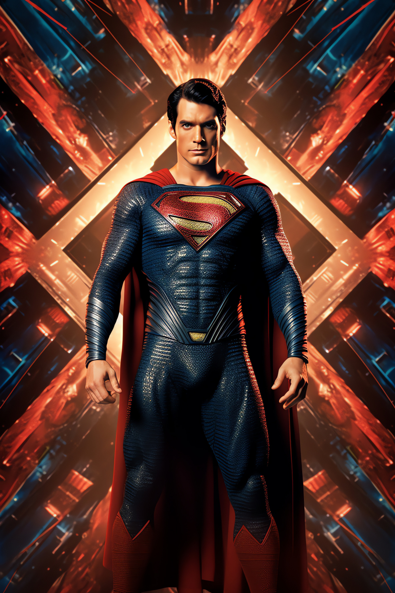 Iconic Superman, Undeniable confidence, Artistic patterns backdrop, Geometric complexity, Superhero stance, HD Phone Image