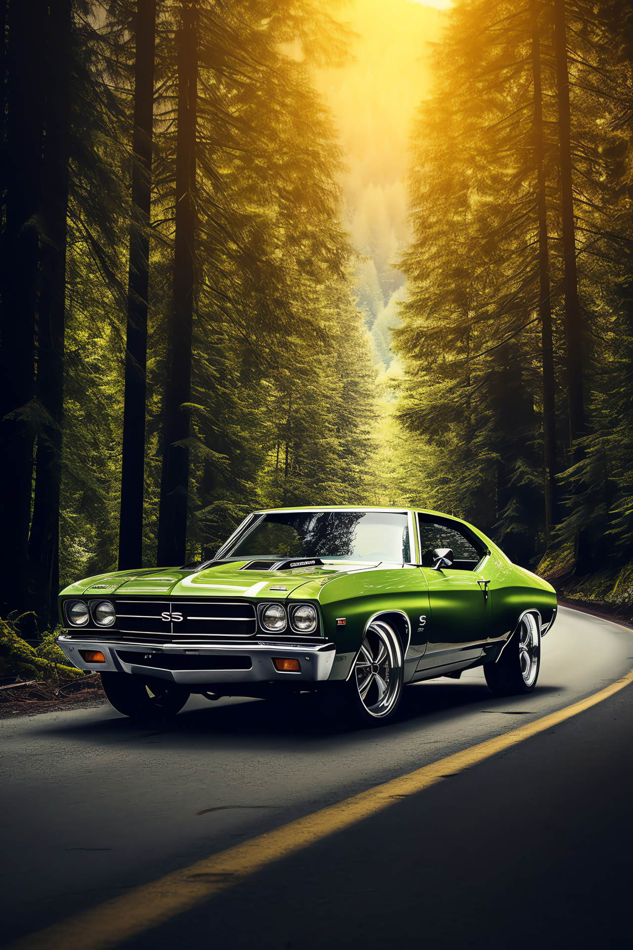 Muscle Car, Automotive spectacle, Nature infused settings, Power vehicle, Lush environment, HD Phone Image