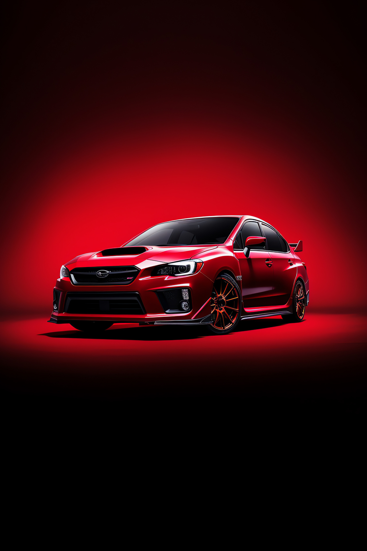 Subaru Impreza model, WRX STI variant, high angle perspective, vibrant red finish, solid backdrop, HD Phone Image