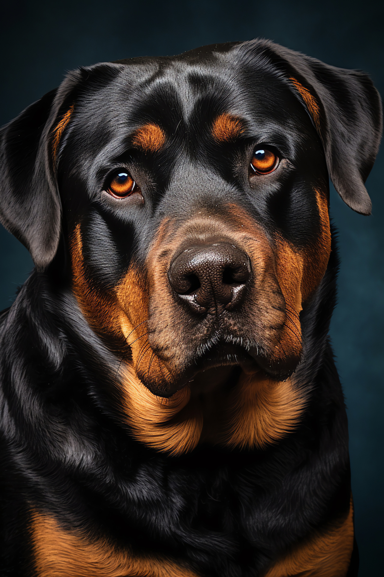 Affable Rottweiler gaze, Amiable pet expression, Family guardian breed, Contrasting tan and black, Dual backdrop harmony, HD Phone Image