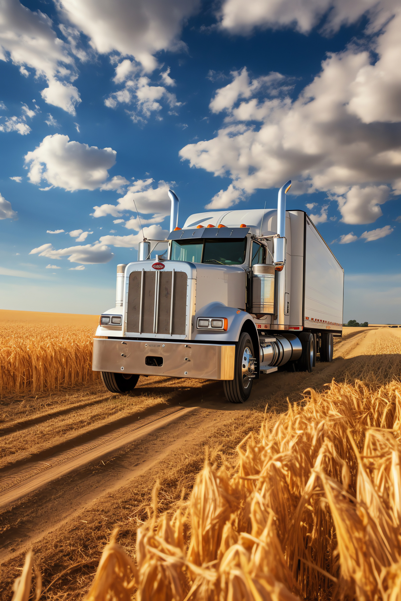 Peterbilt trucks emblem, Agricultural backdrop, Combine harvester trail, Expansive farming vista, Harvest season, HD Phone Wallpaper