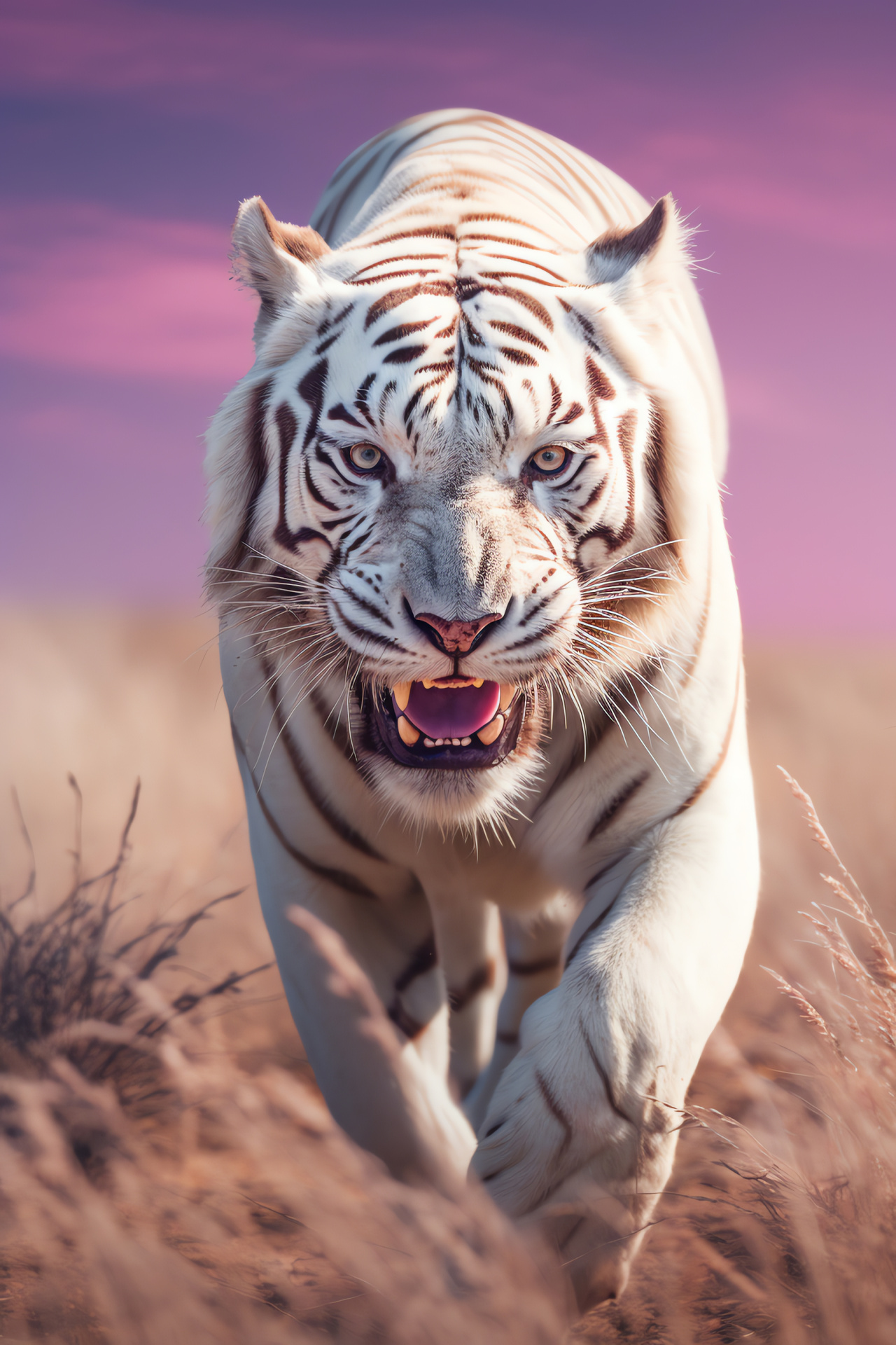 White Bengal Tiger, gemstone gaze, plush pelage, snowy complexion, savannah expanse, HD Phone Image