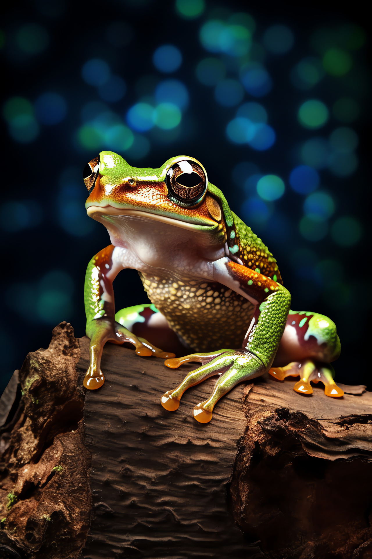 Natural Tree Frog, Green-brown camouflage, Woodland perch, Moss-covered timber, Luminescent ambiance, HD Phone Wallpaper