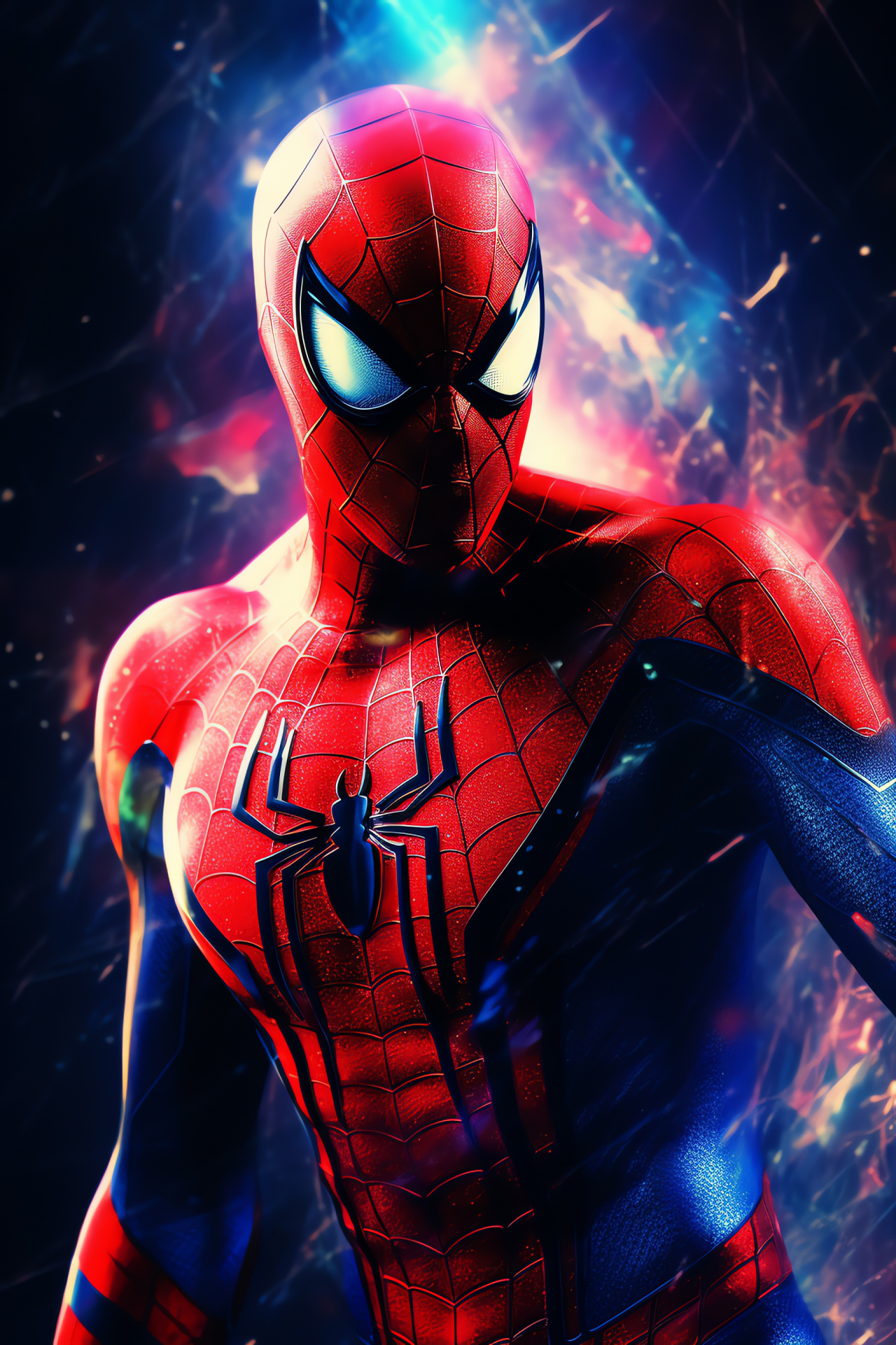Spiderman gaze, web-slinging hero, agile form, red web attire, iconic Spiderman wear, HD Phone Image