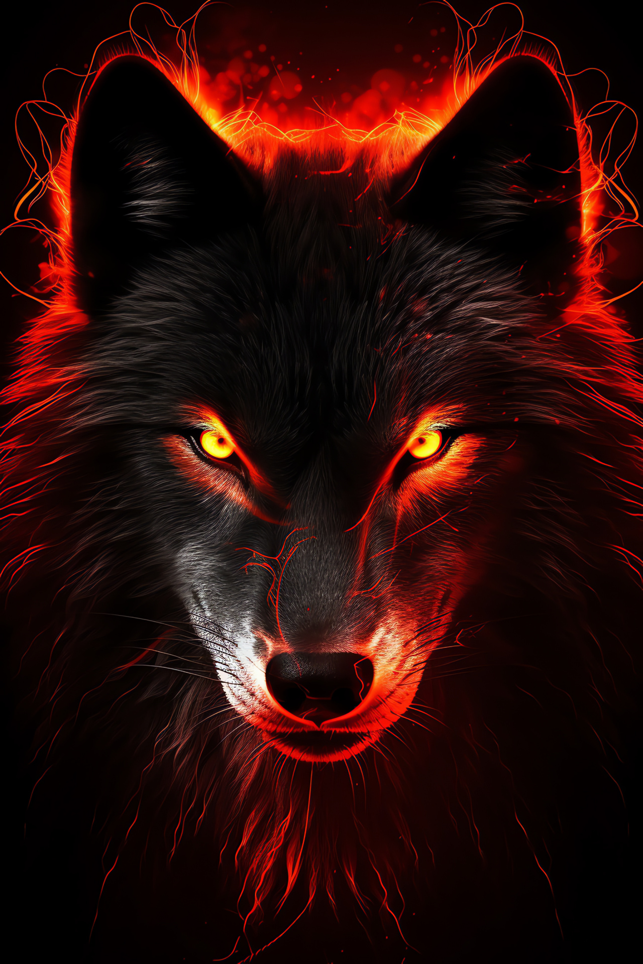 Fiery-eyed Neon Wolf, Vibrant red and black coat, Glowing line artistry, Wild wolf representation, Untamed animal aura, HD Phone Wallpaper