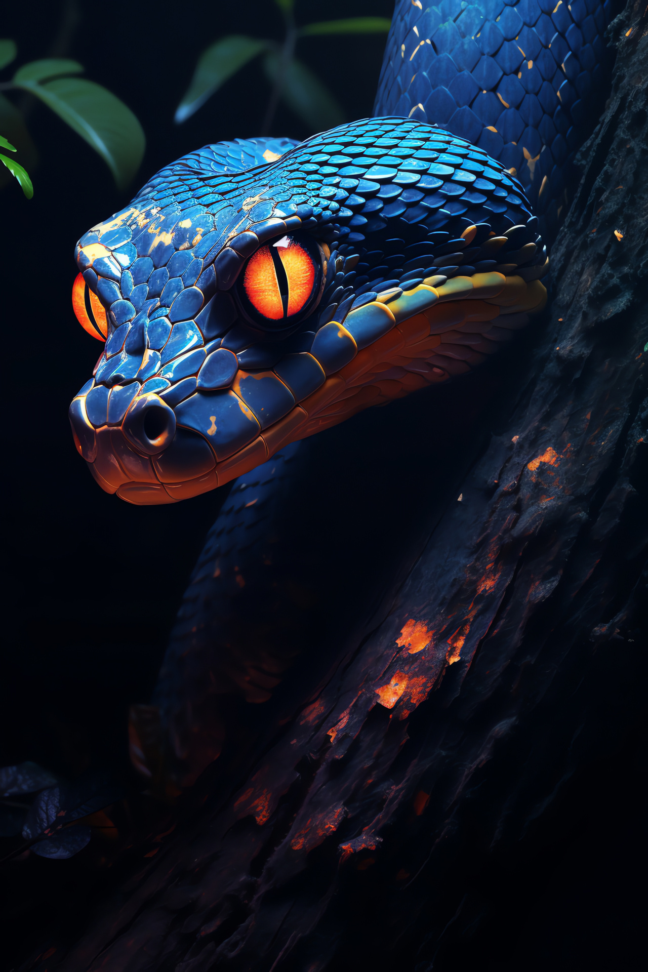 Luminous nocturnal snake, Glowing blue eyes, Radiant forest reptile, Vivid orange and yellow patterns, Tree-dwelling serpent, HD Phone Image