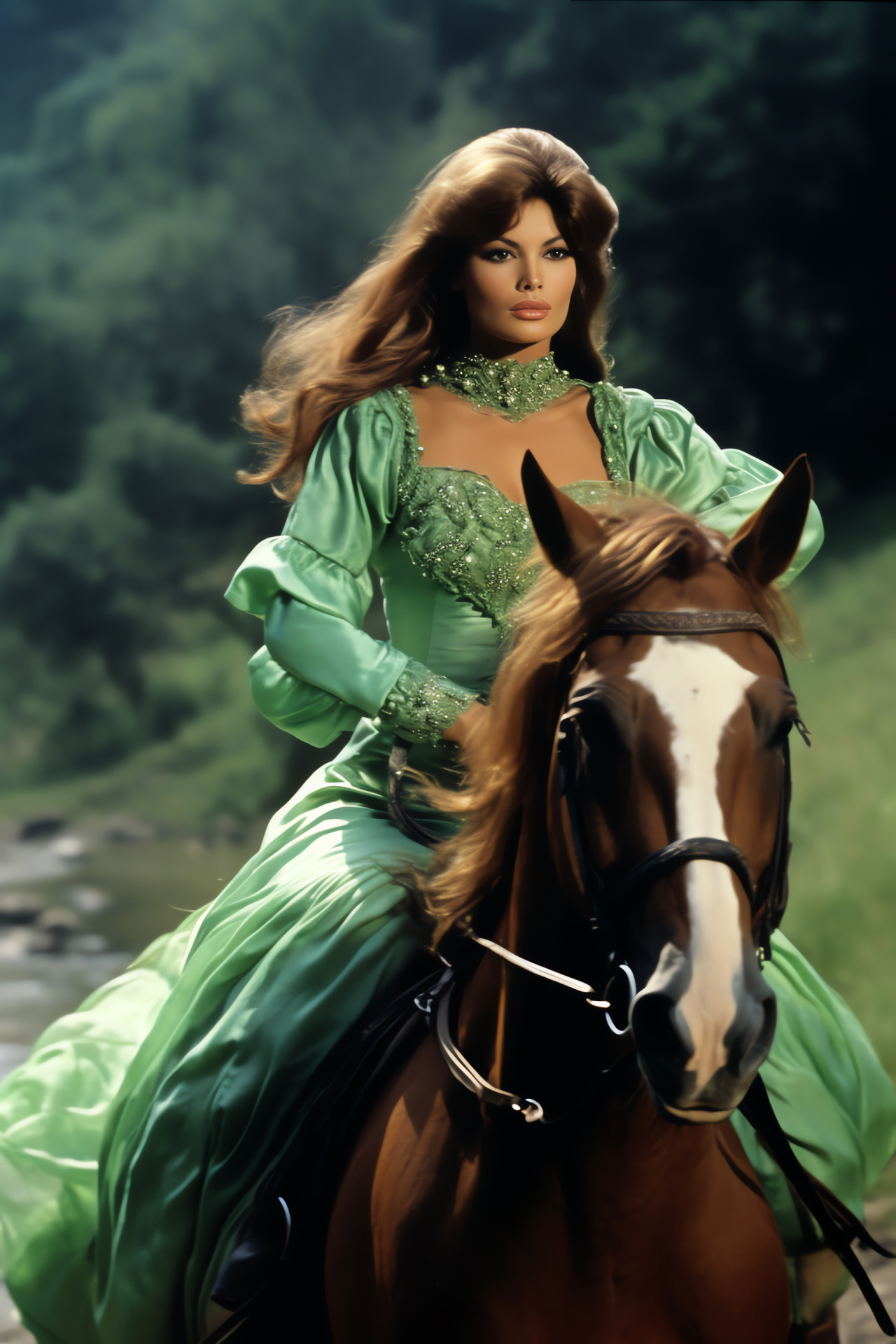 Raquel Welch action, Tale of Musketeers, Equestrian movie moment, Fabric in wind, Vintage cinema, HD Phone Image