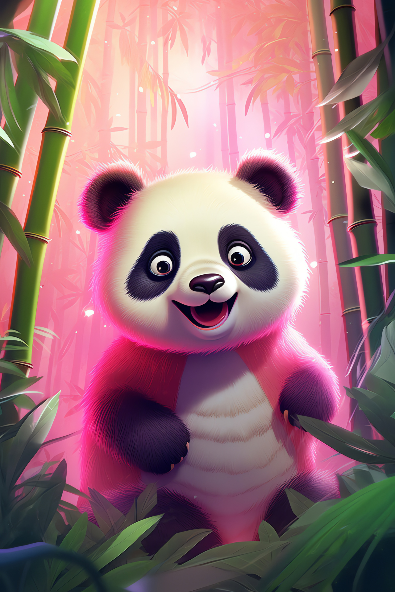 Vivid Pink Panda, Exotic animal portrait, Blue-eyed bear, Fluffy mammal, Endearing animal pose, HD Phone Wallpaper