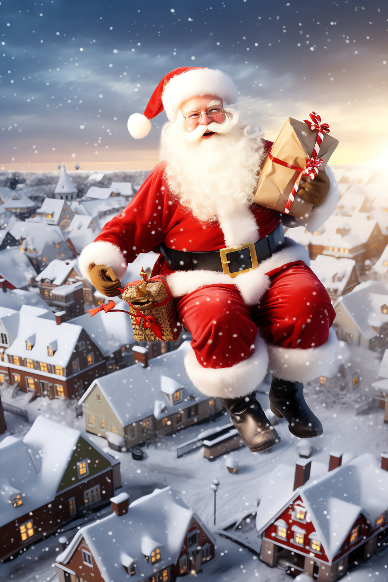 Town blanketed in frost, House peaks, Seasonal luminescence, Holiday trimmings, Wintry aura, HD Phone Image