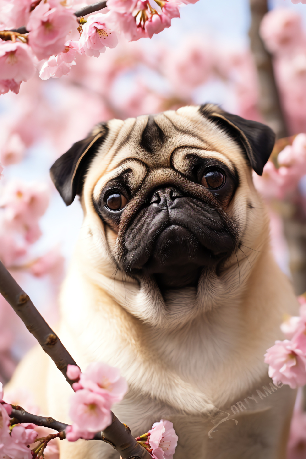 Serene Pug face, Velvety Pug texture, Cherry blossom Pug, Garden Pug background, Thoughtful Pug demeanor, HD Phone Image