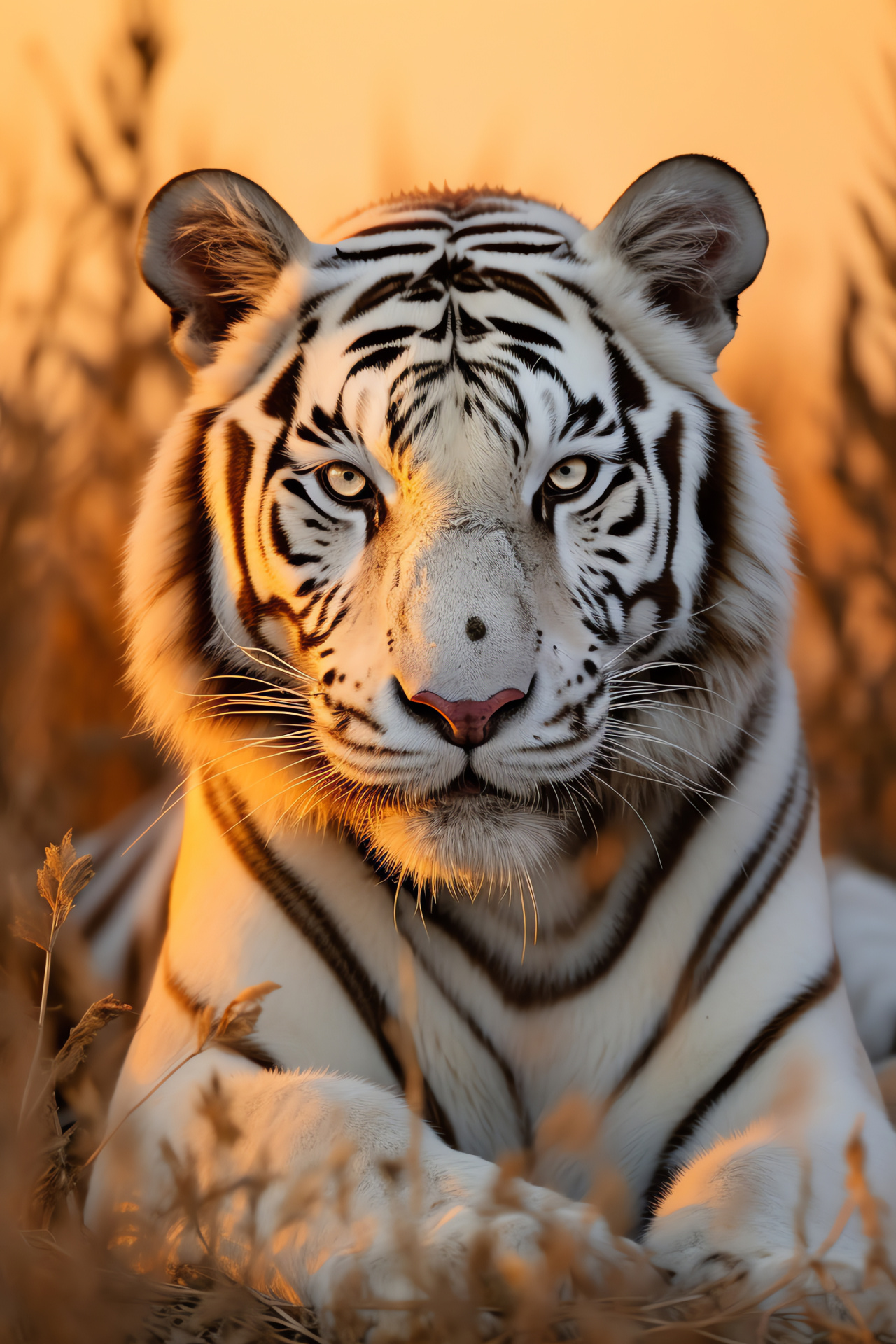 White Bengal Tiger, jade orbs, contrasted pelage, ebon streaks, grassy knoll, HD Phone Wallpaper