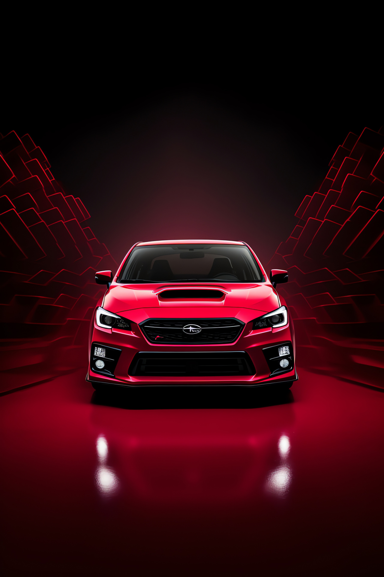 Subaru WRX STI 2018, Racing red, Powerful stance, Eye-catching backdrop, Sports sedan, HD Phone Image