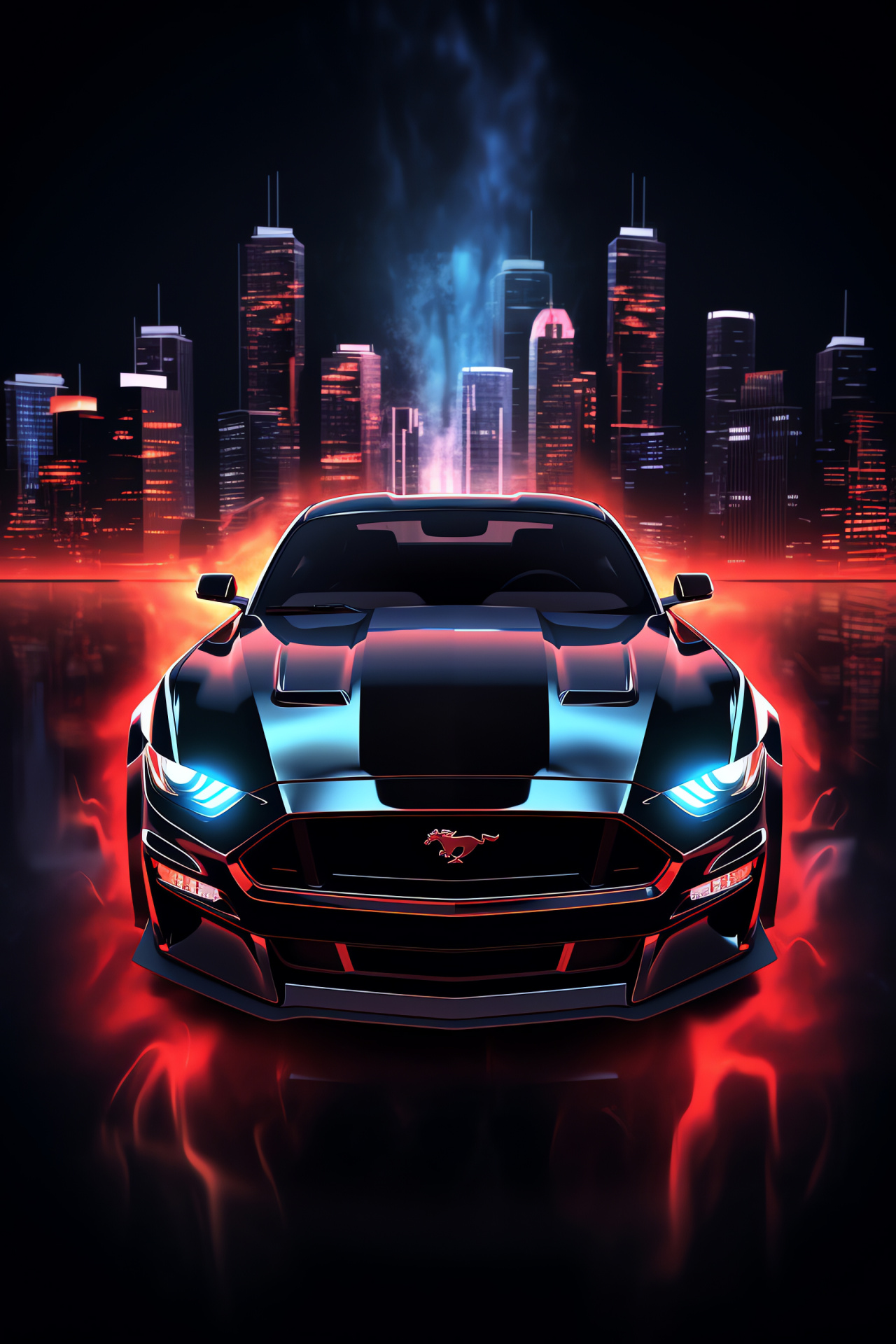 Ford Mustang emblem, Sports car stature, Night urban setting, Illuminated cityscape, Automotive design, HD Phone Wallpaper