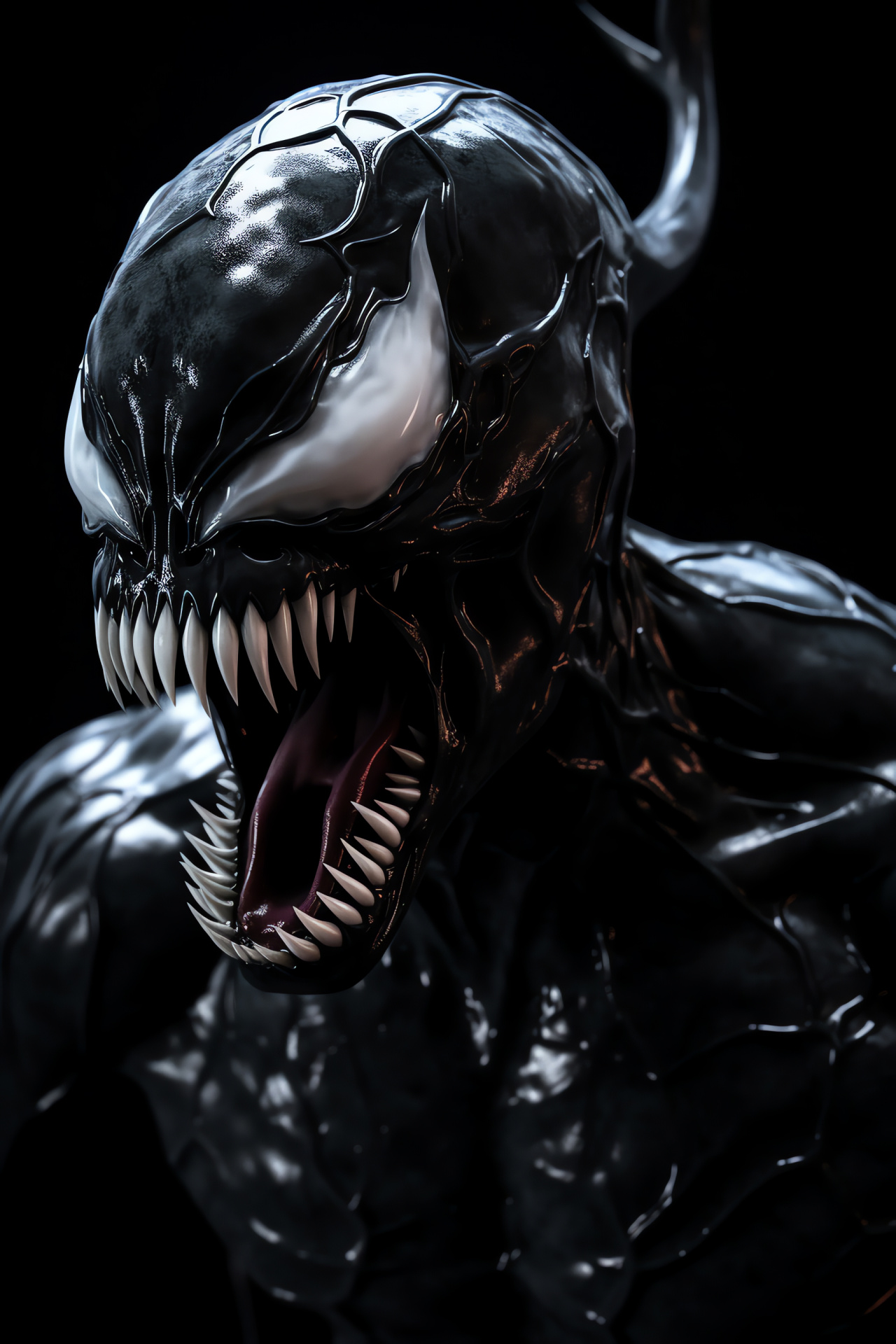 Venom character, symbiote entity, eerie visage, black expanse, visual distortion, HD Phone Image