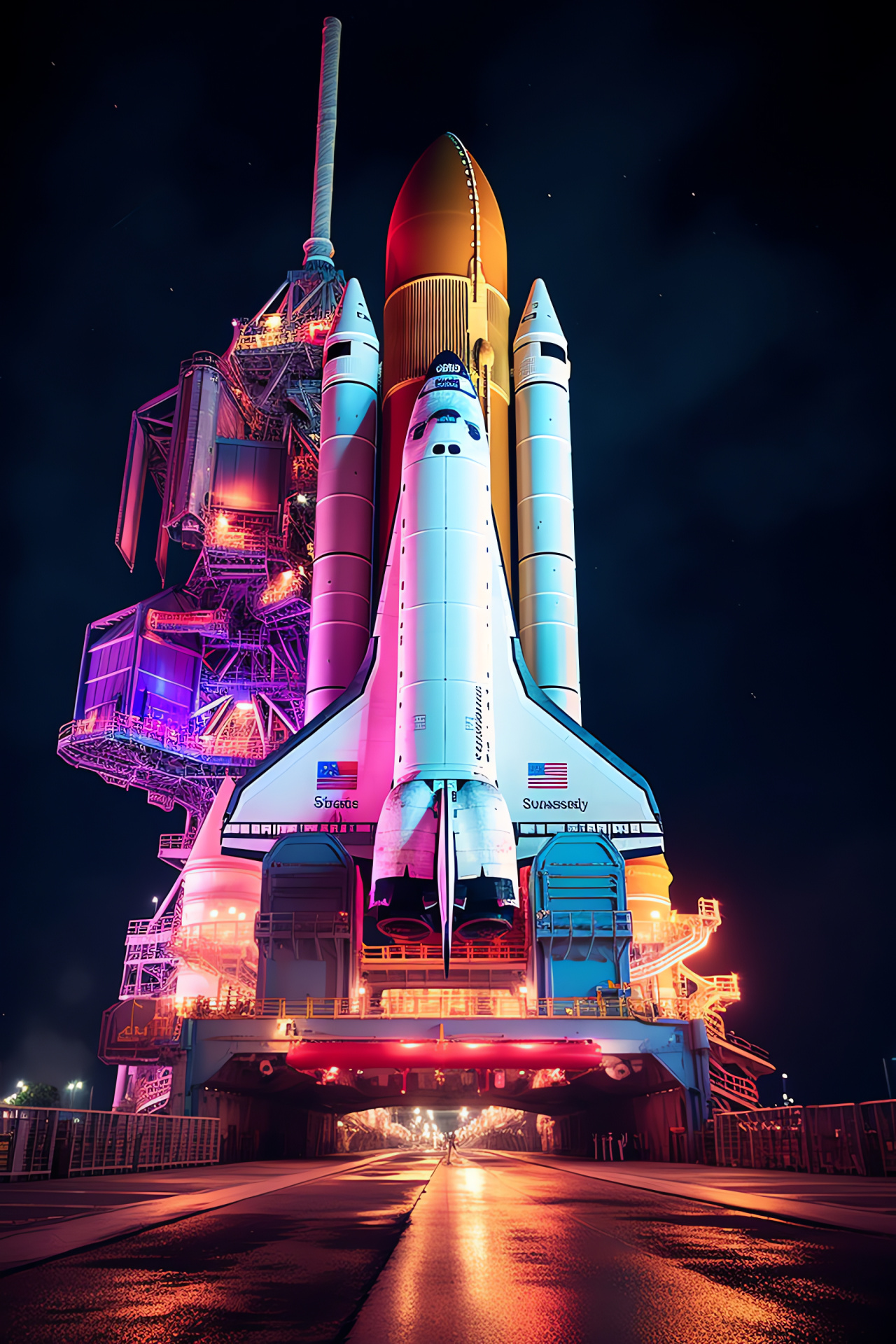 Orbiter on platform, Spacecraft pre-launch, Majestic shuttle stance, Aerospace construction, Engulfing light display, HD Phone Wallpaper