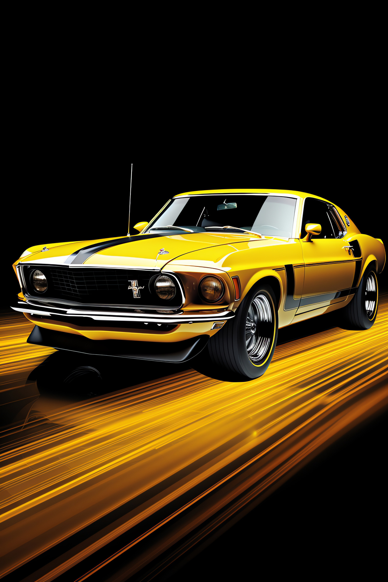 Ford Mustang Boss 302, 1970s muscle car, Aerial car angle, Neon illumination, Iconic American car, HD Phone Image