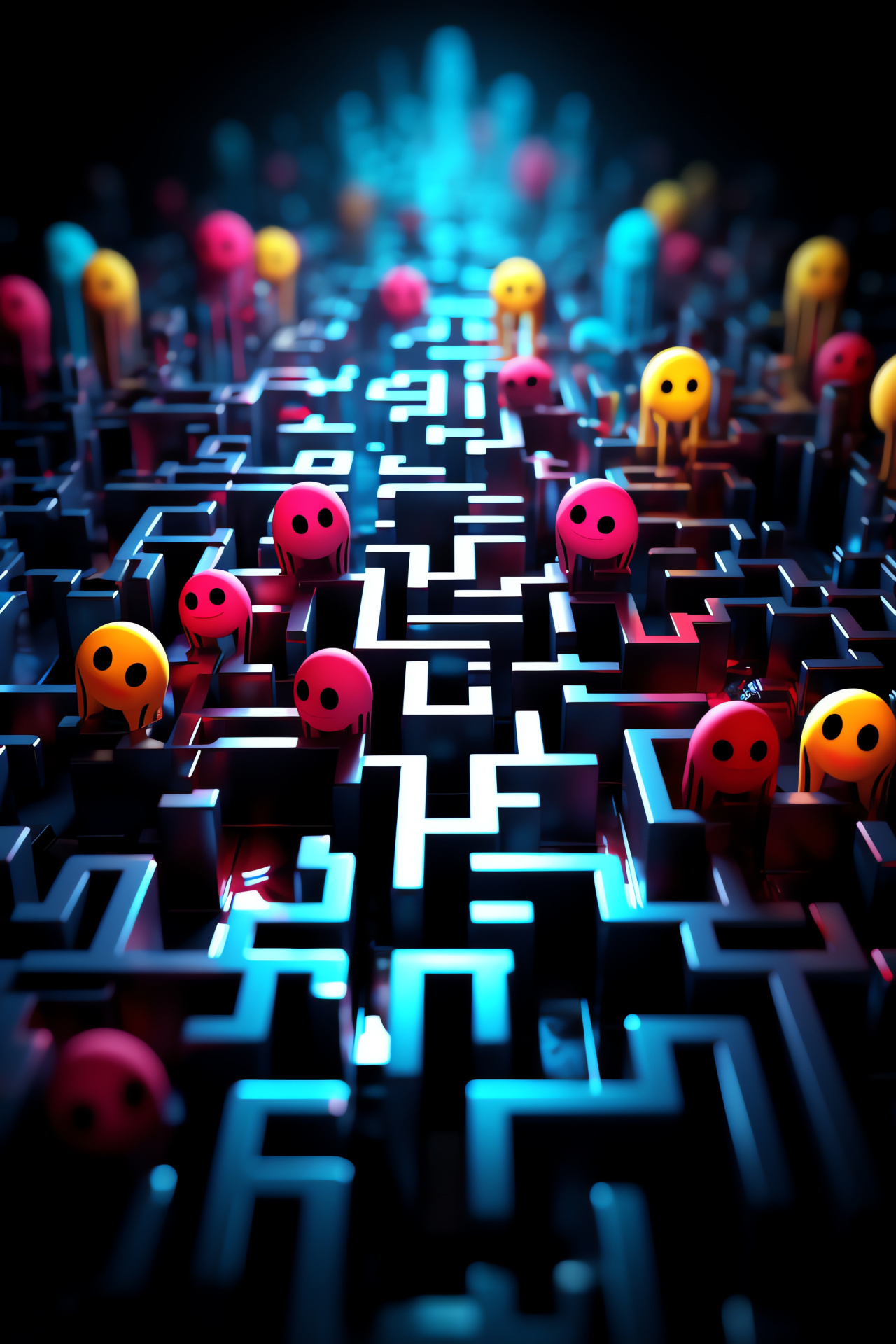 Pacman game pursuit, Ghost enemies, Arcade maze, Dot-filled paths, Retro gaming scene, HD Phone Image