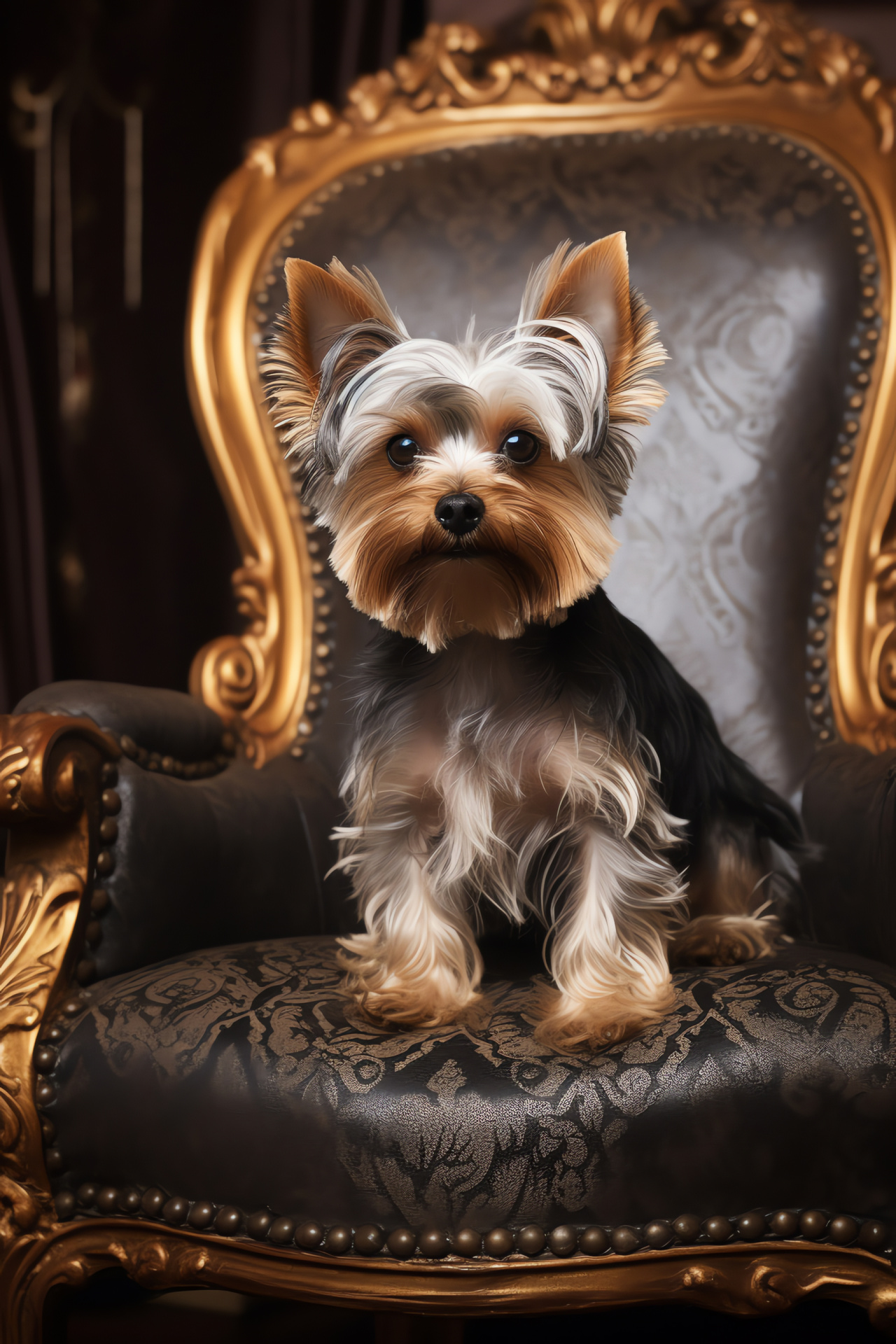 Charming Yorkshire Terrier, warm canine gaze, detailed animal coat, miniature pet breed, HD Phone Image