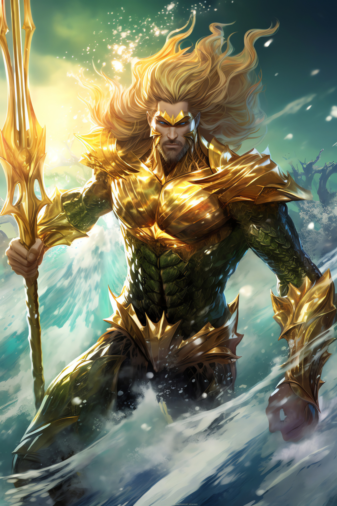 Aquaman New 52, Ocean protector, Mythical trident, Aquatic turbulence, Epic confrontation, HD Phone Wallpaper