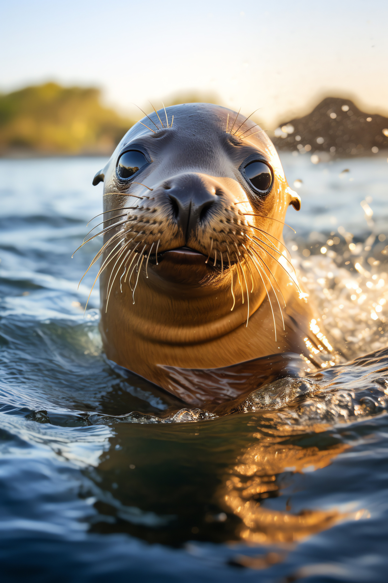 Galapagos sea lion pup, Playful creature, Sun-kissed fur, Shimmering shallows, Engaging wildlife subject, HD Phone Image