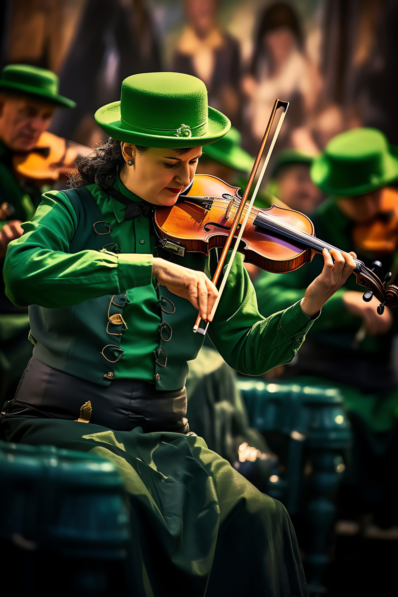 Saint Patrick's Day musicians, Irish traditional band, Skilled fiddle performance, Folk tin whistle melodies, Cultural celebration, HD Phone Image