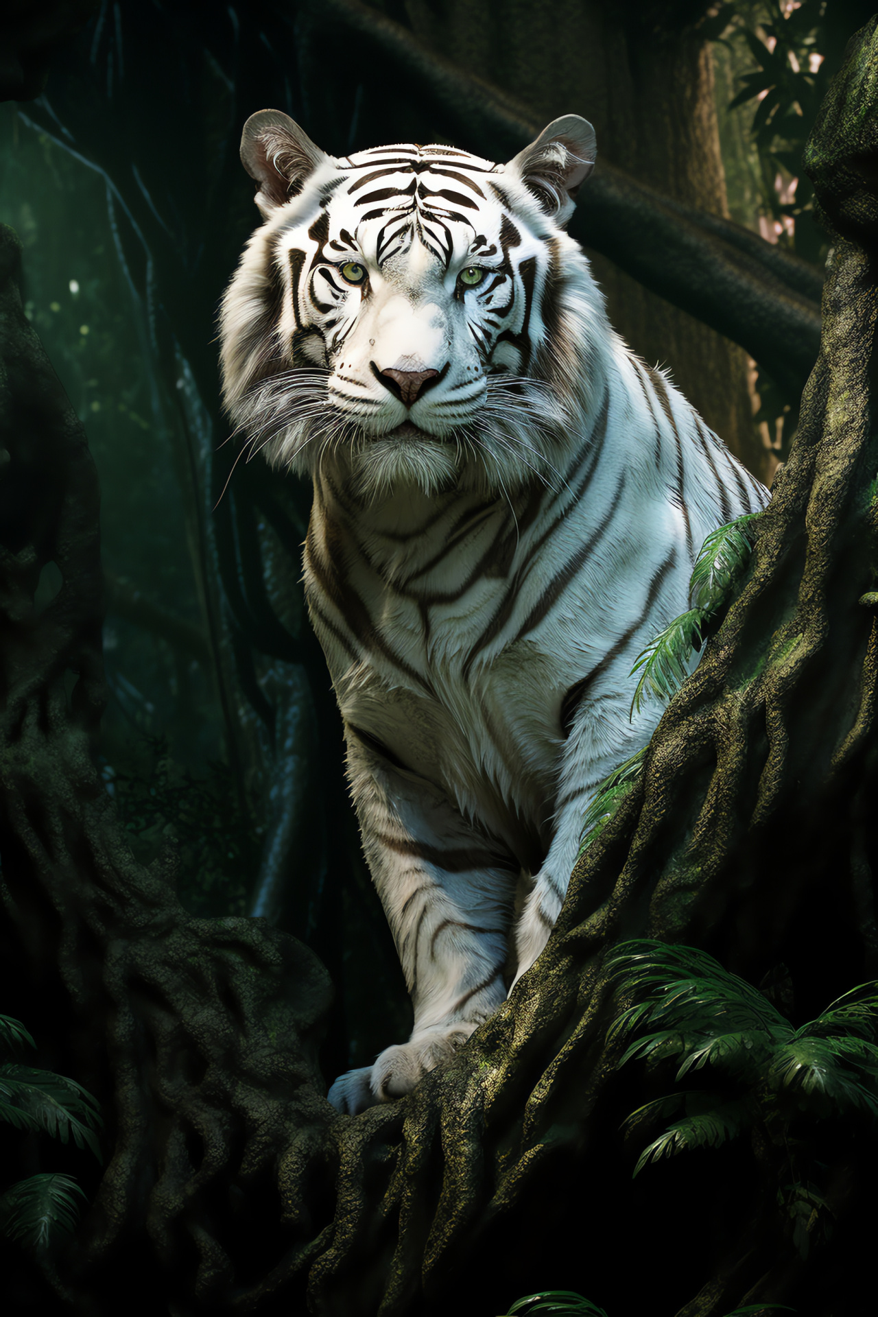 White Bengal Tiger, green irises, albino fur, forest habitat, nocturnal ambiance, HD Phone Image