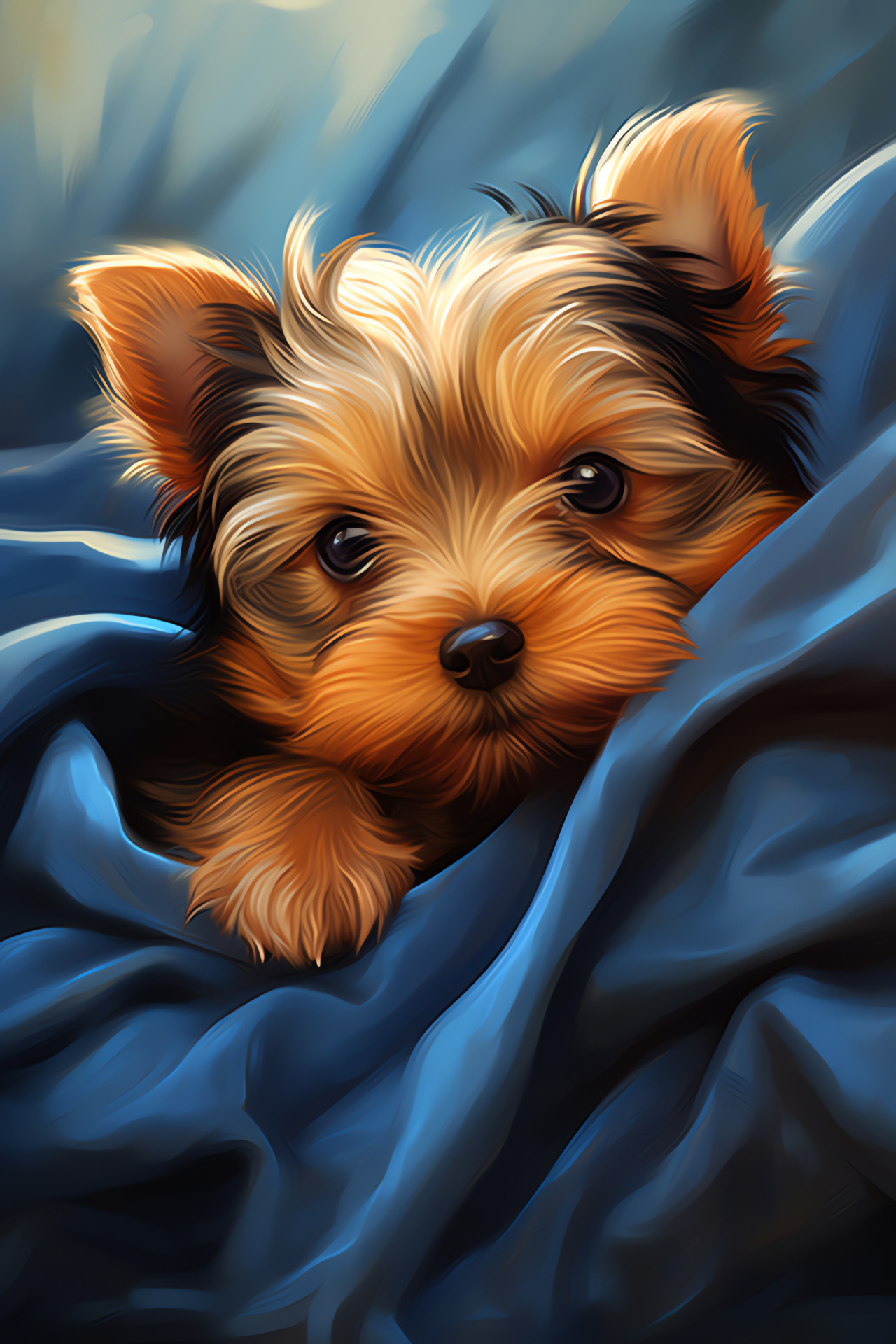 Yorkshire Terrier pup, expressive demeanor, silken drapery, cuddled posture, chromatic hues, HD Phone Wallpaper