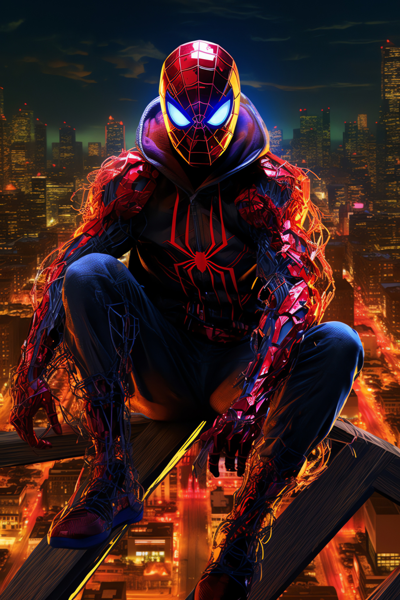 Iconic web-slinger, Aerial maneuvers, Metropolitan backdrop, Costumed vigilante, Superhero athleticism, HD Phone Image